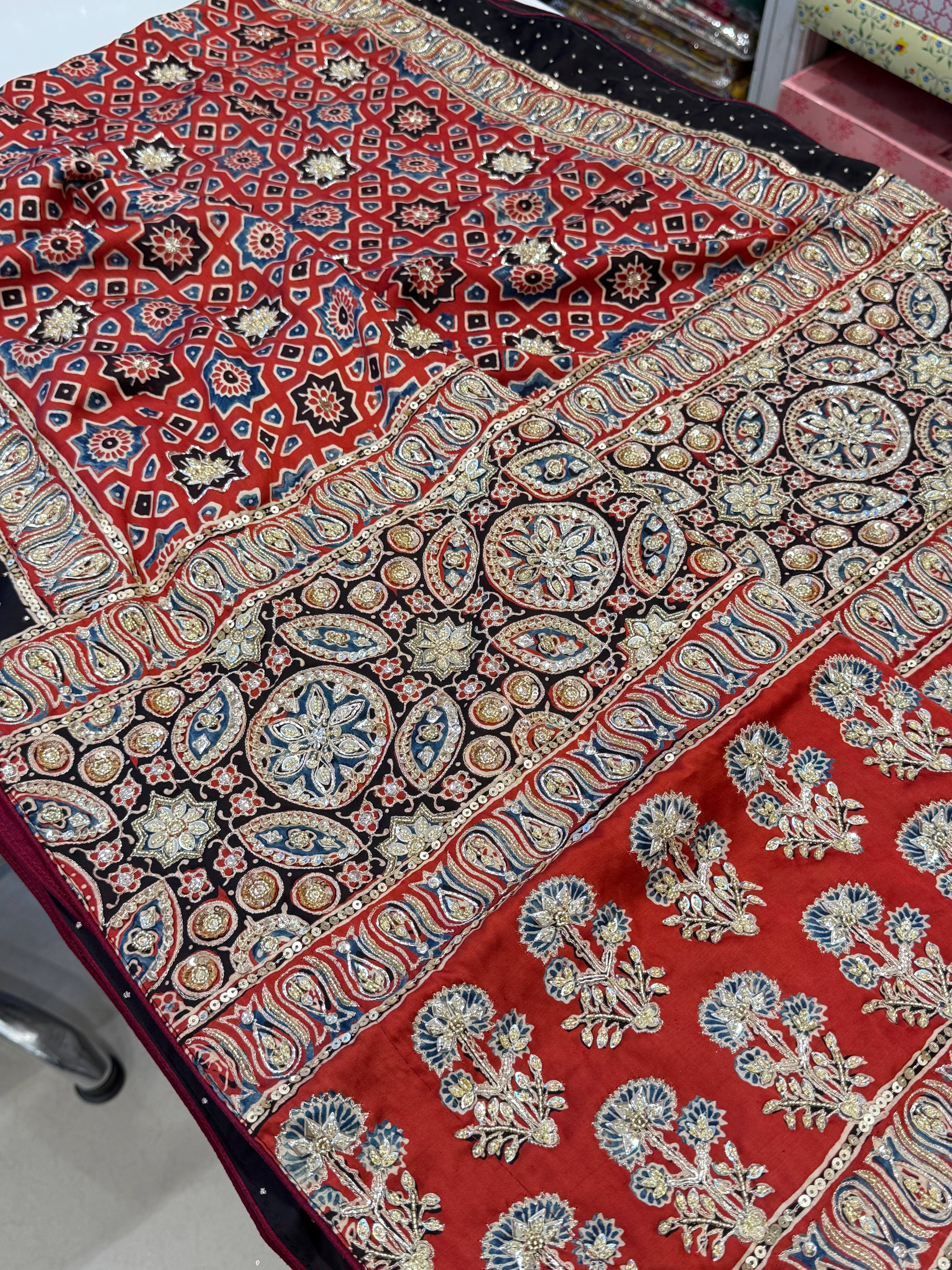 Crimson Hand Embroidery Ajrakh Modal Satin Saree
