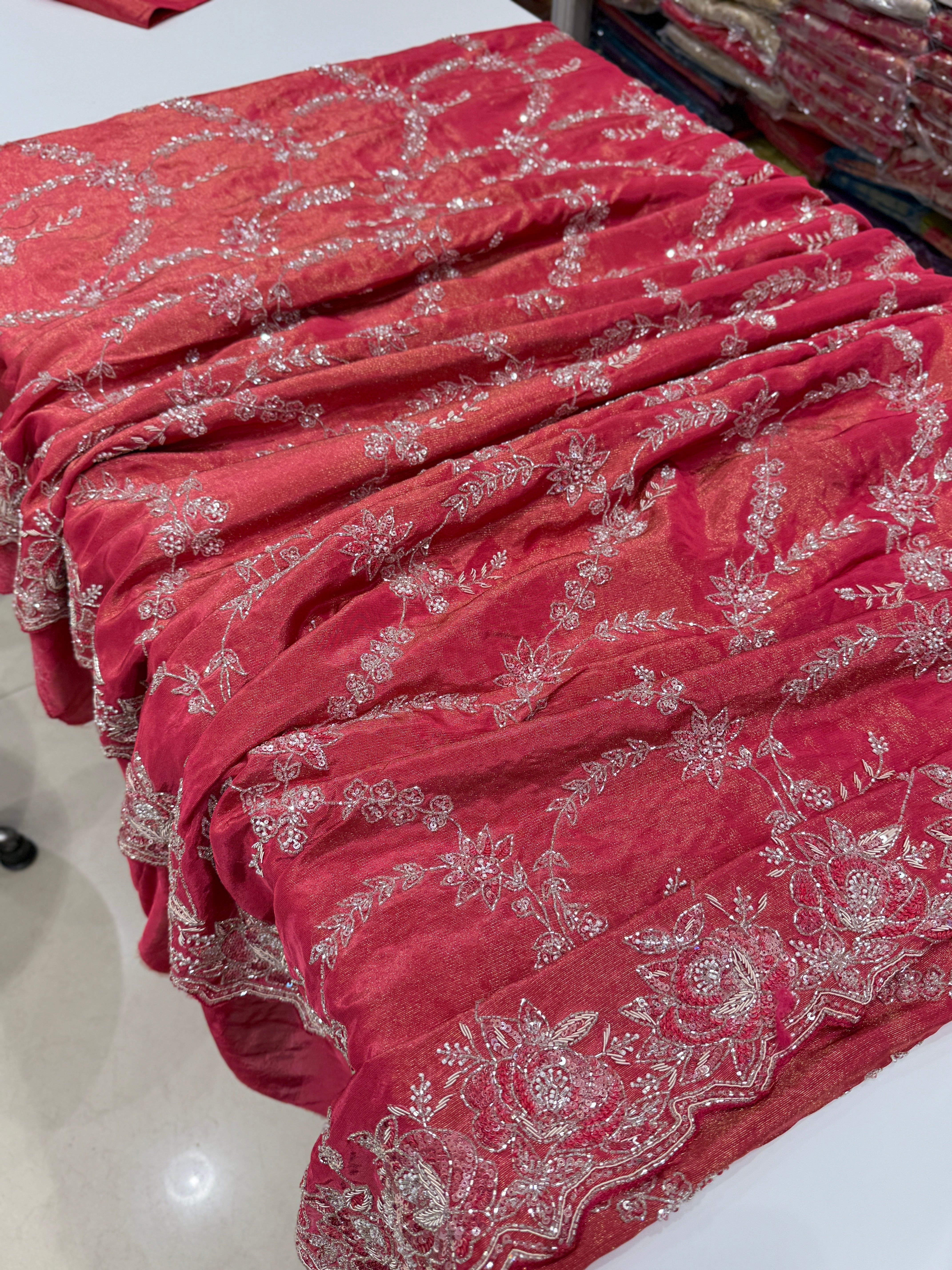 Rust Crepe Tissue Zardosi Jaal Saree