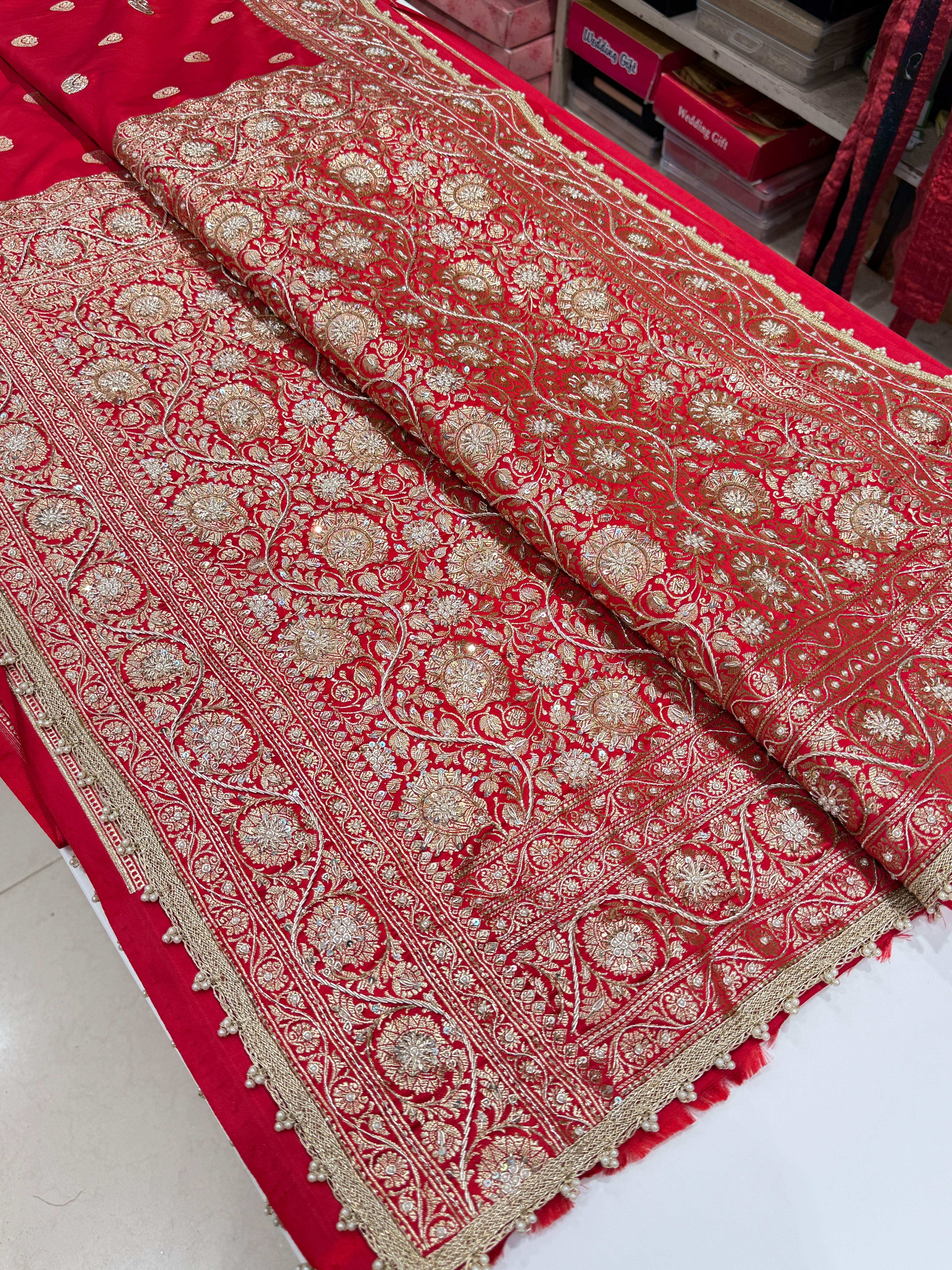 Red Banarasi Chand Buttis Zardosi Hand Embroidery Saree