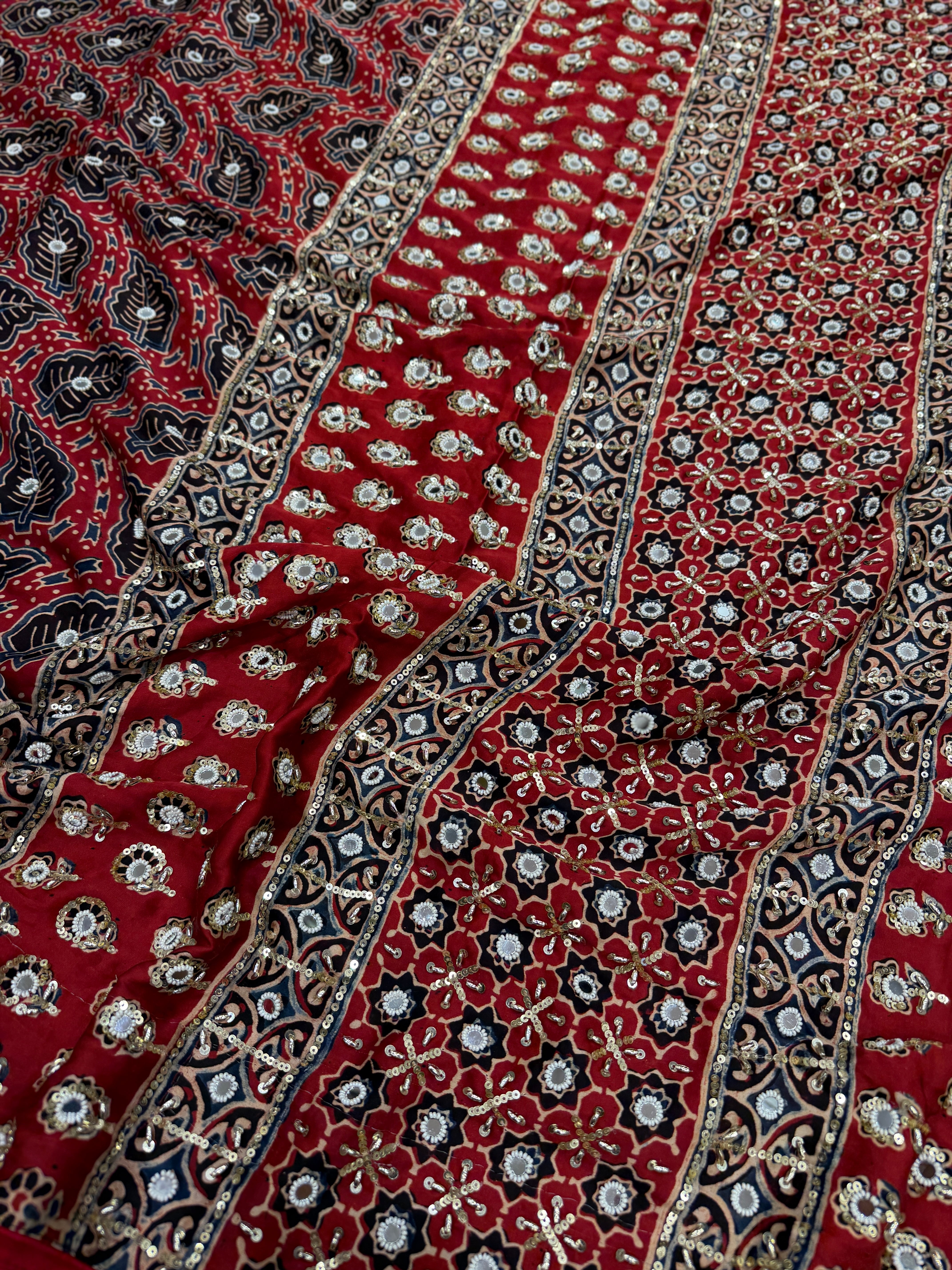 Red Leaf Buttas Ajrakh Real Mirror Moti Sequin Hand Embroidery Saree