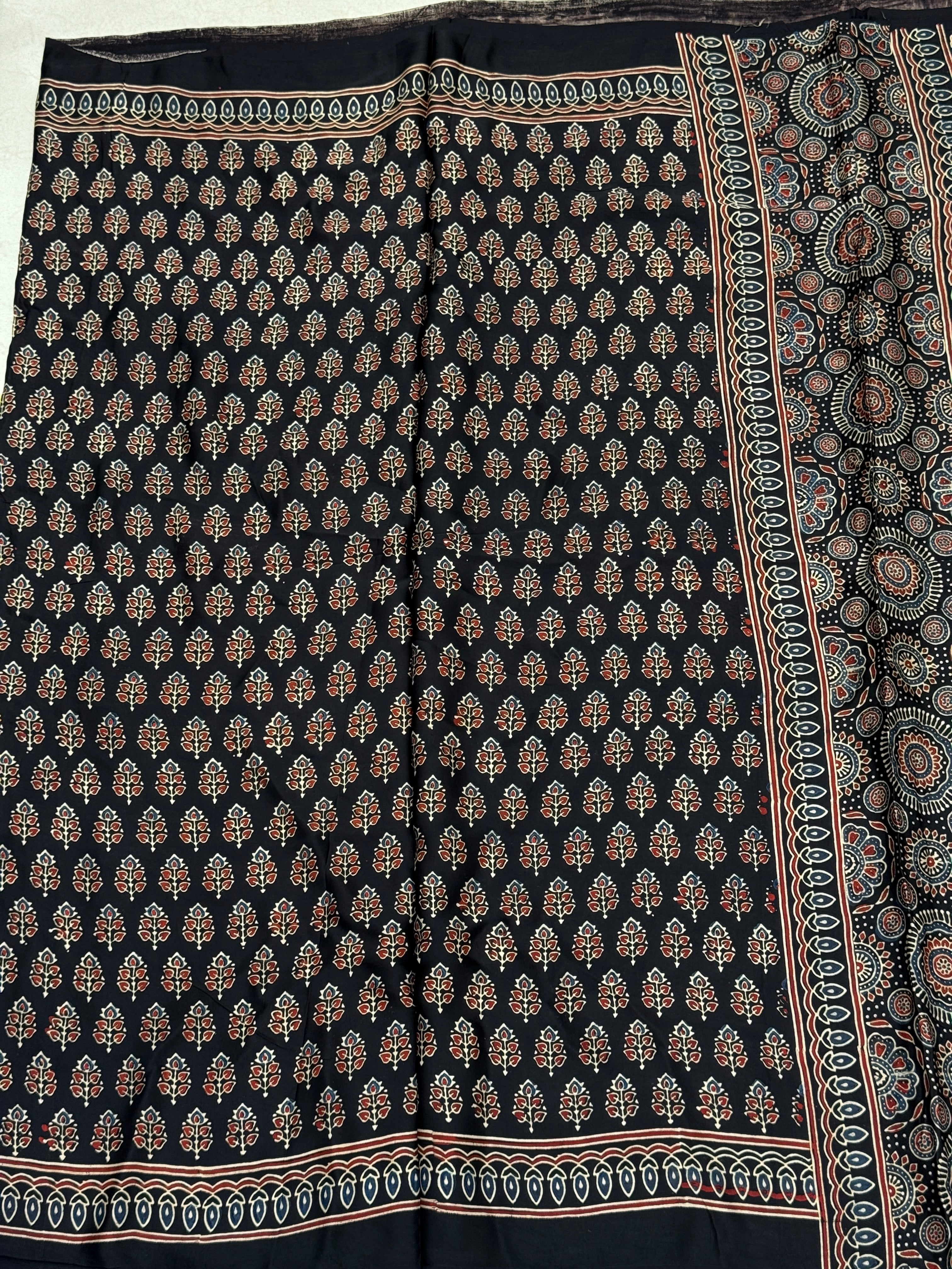 Black Keri Buttis Ajrakh Block Print Hand Pure Gajji Silk Saree