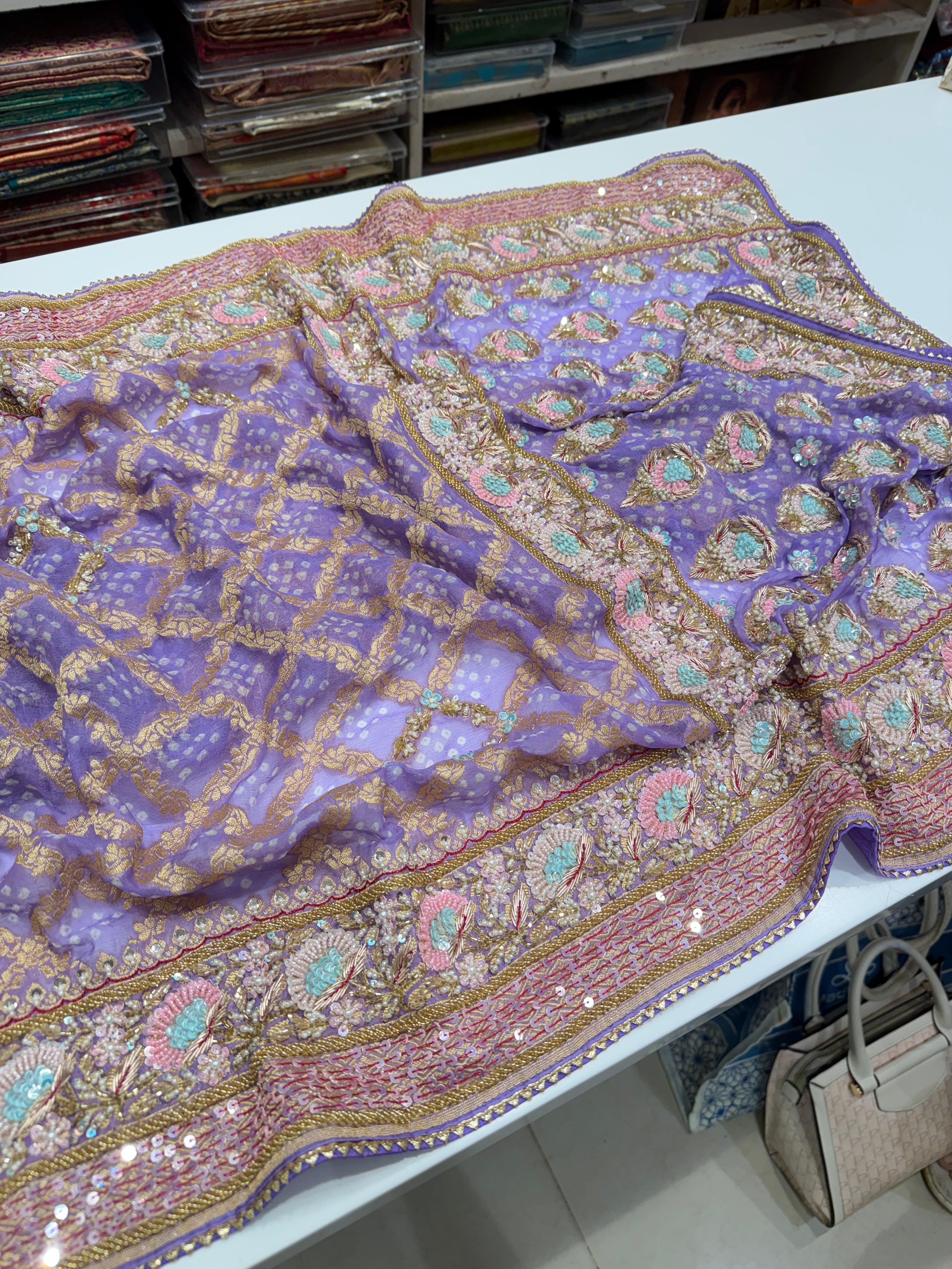 Pastel Lilac Bandhej Hand Embroidery Moti Zardosi Saree