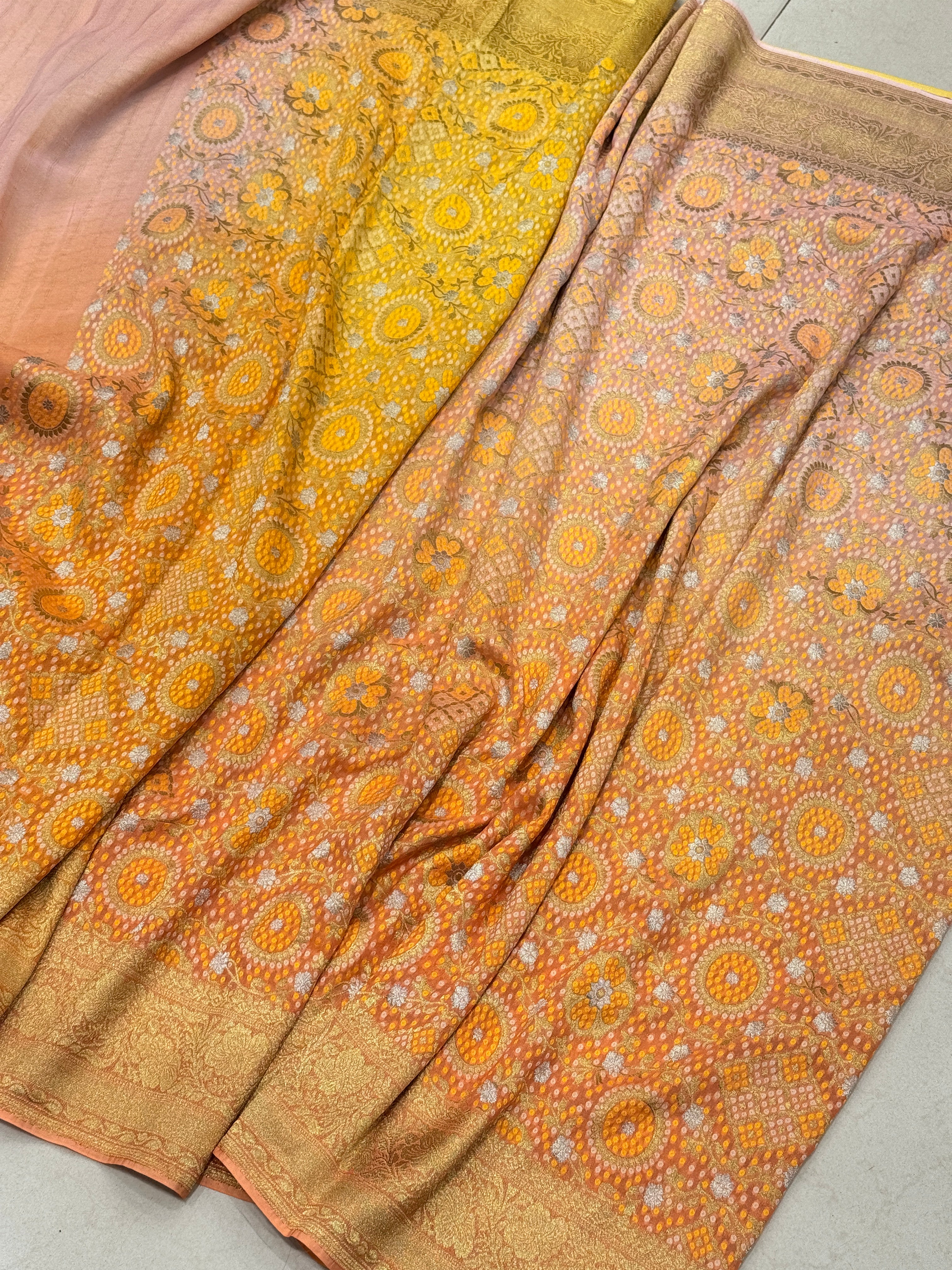Orange Shaded Woven Bandhej Georgette Banarasi Saree
