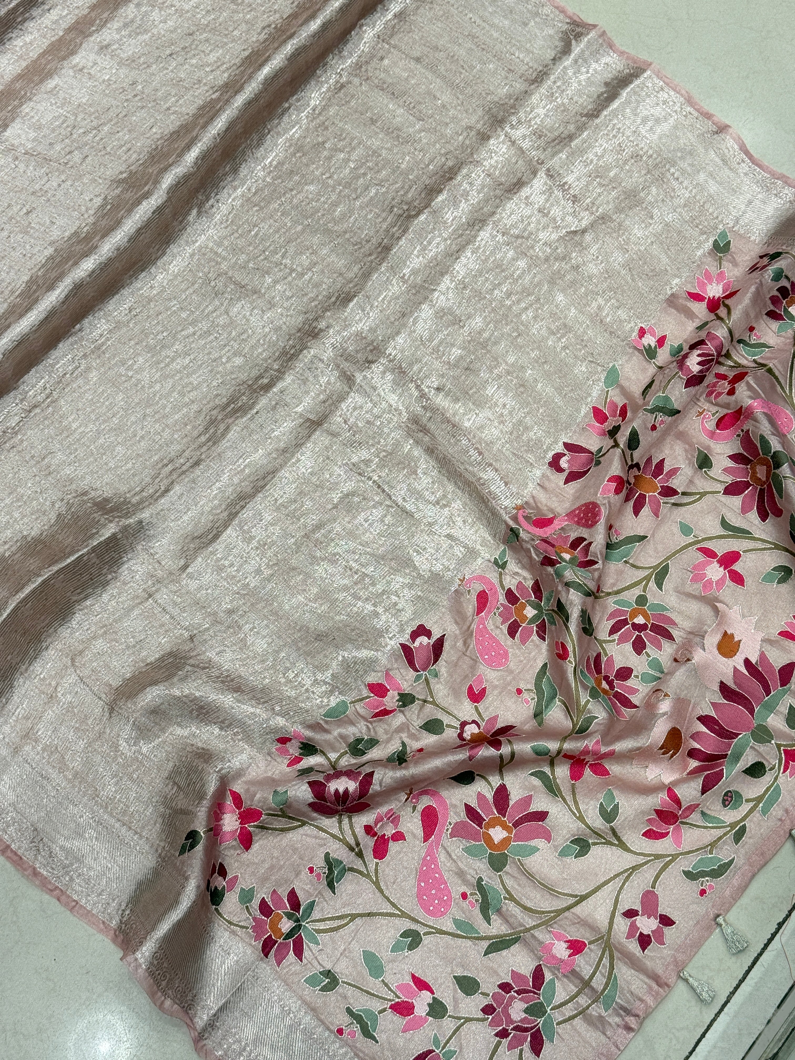 Nude Pink Silver Handloom Tissue Peacock Contemporary Resham Embroidery Saree