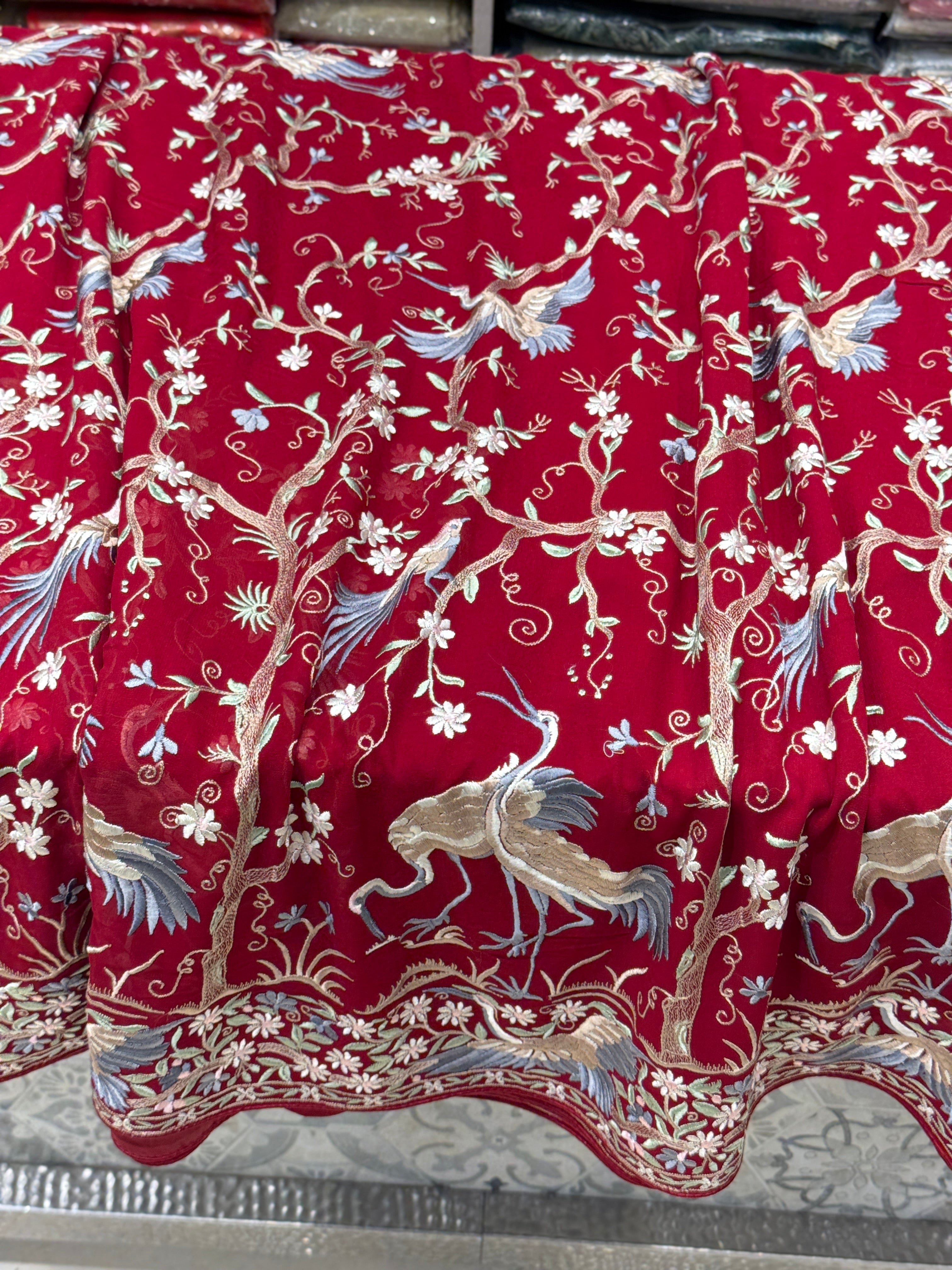 Red Tree Of Life Flamingo Parsi Gara Saree