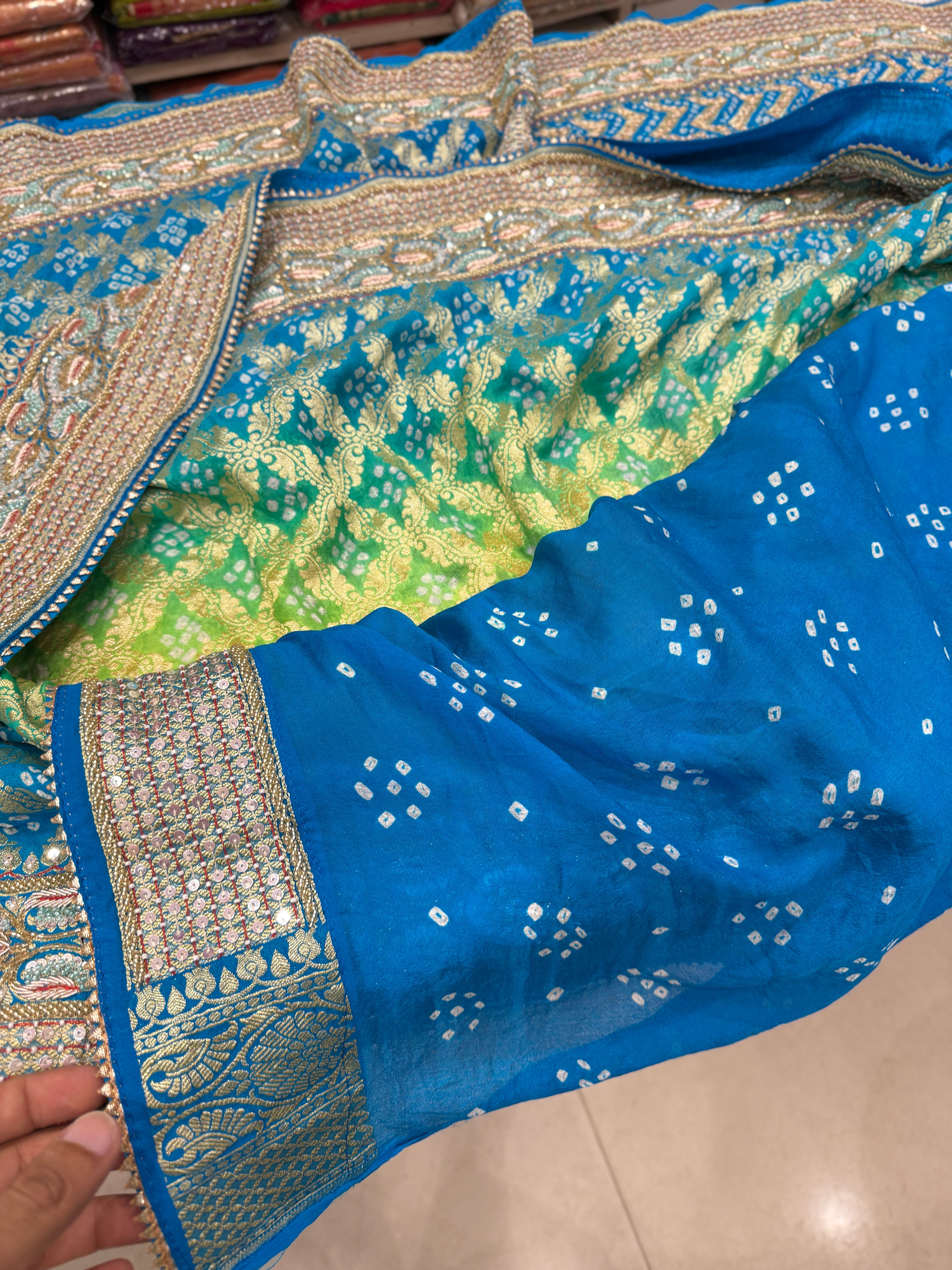 Jhanvi Kapoor Inspired Shaded Green Hand Embroidery Bandhej Saree