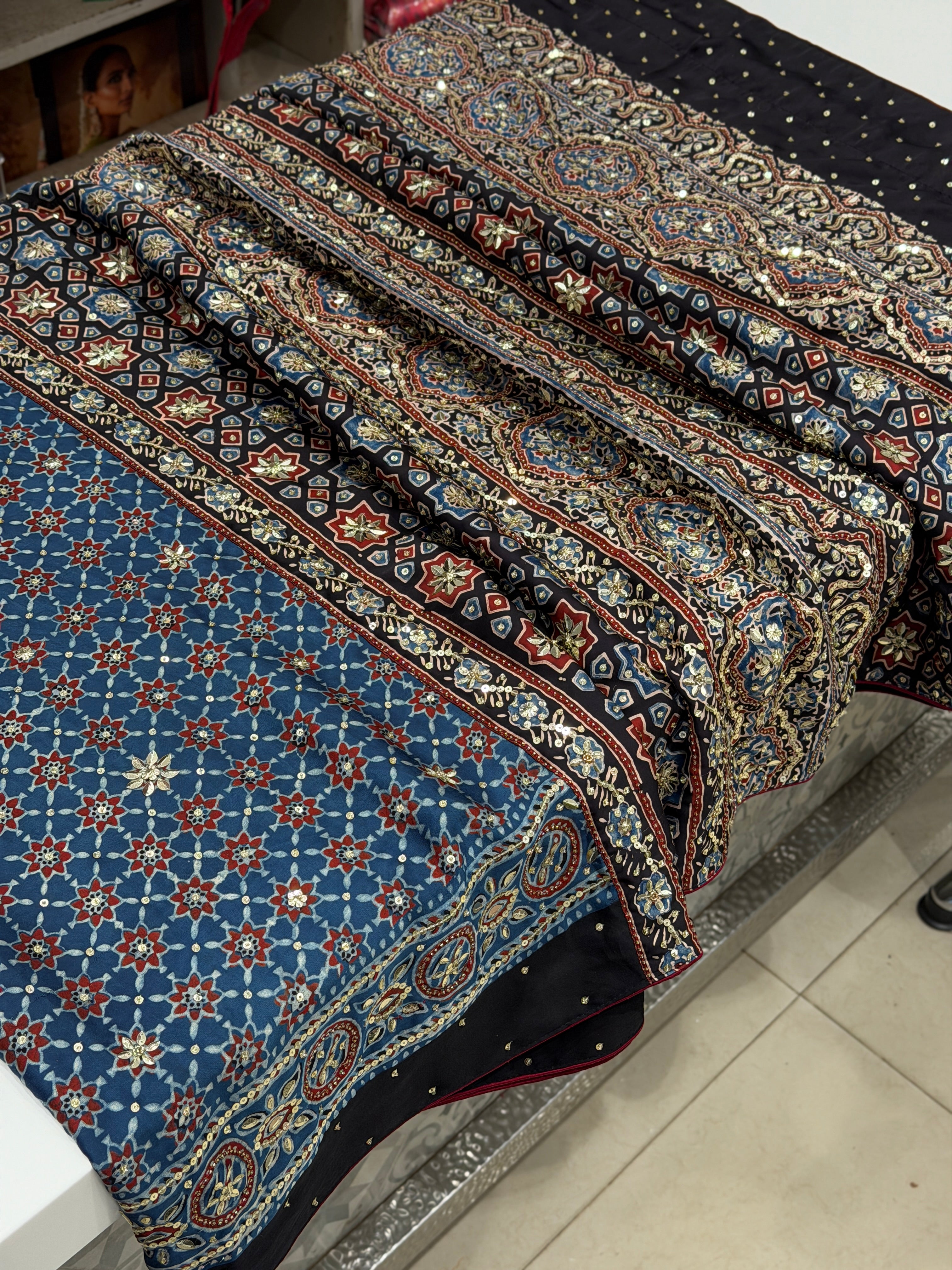 Blue Jaal Ajrakh Sequin Moti Hand Embroidery Saree