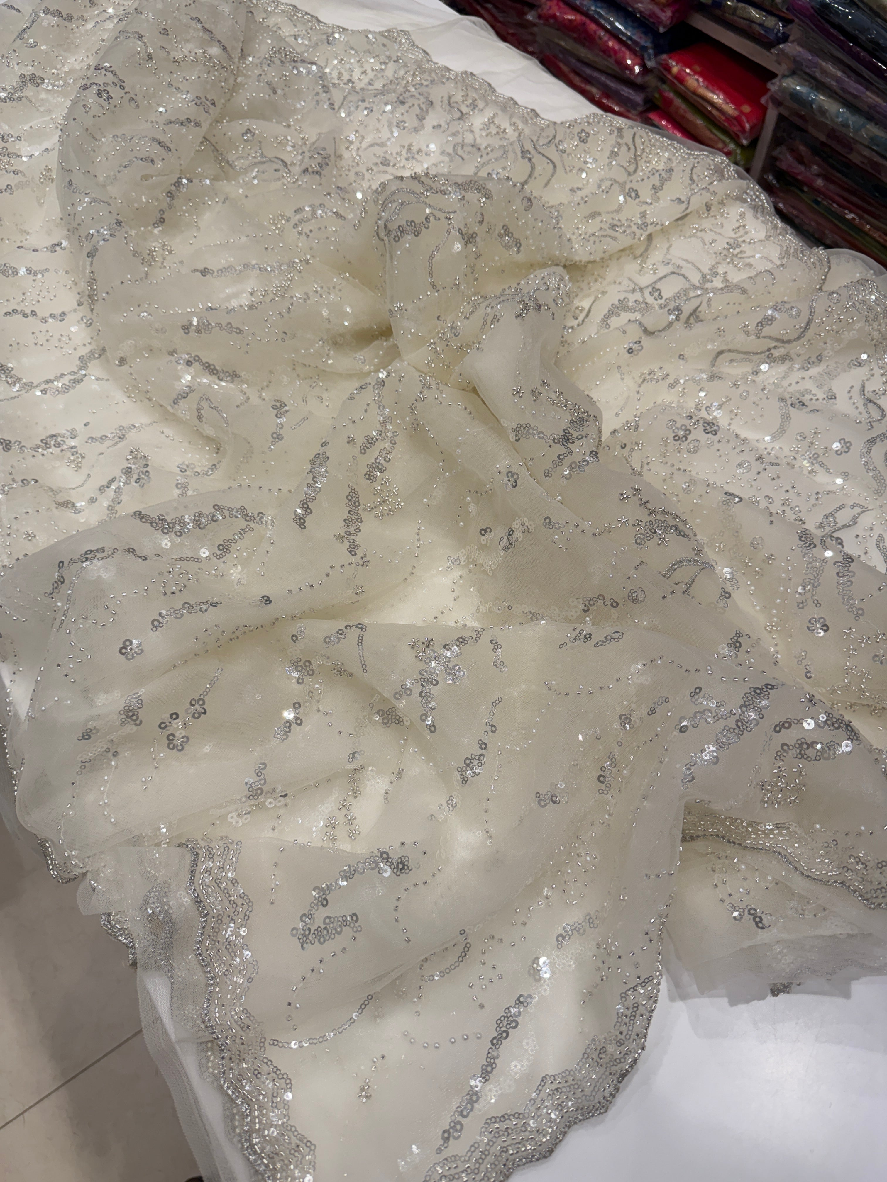 White Net Sequin Saree