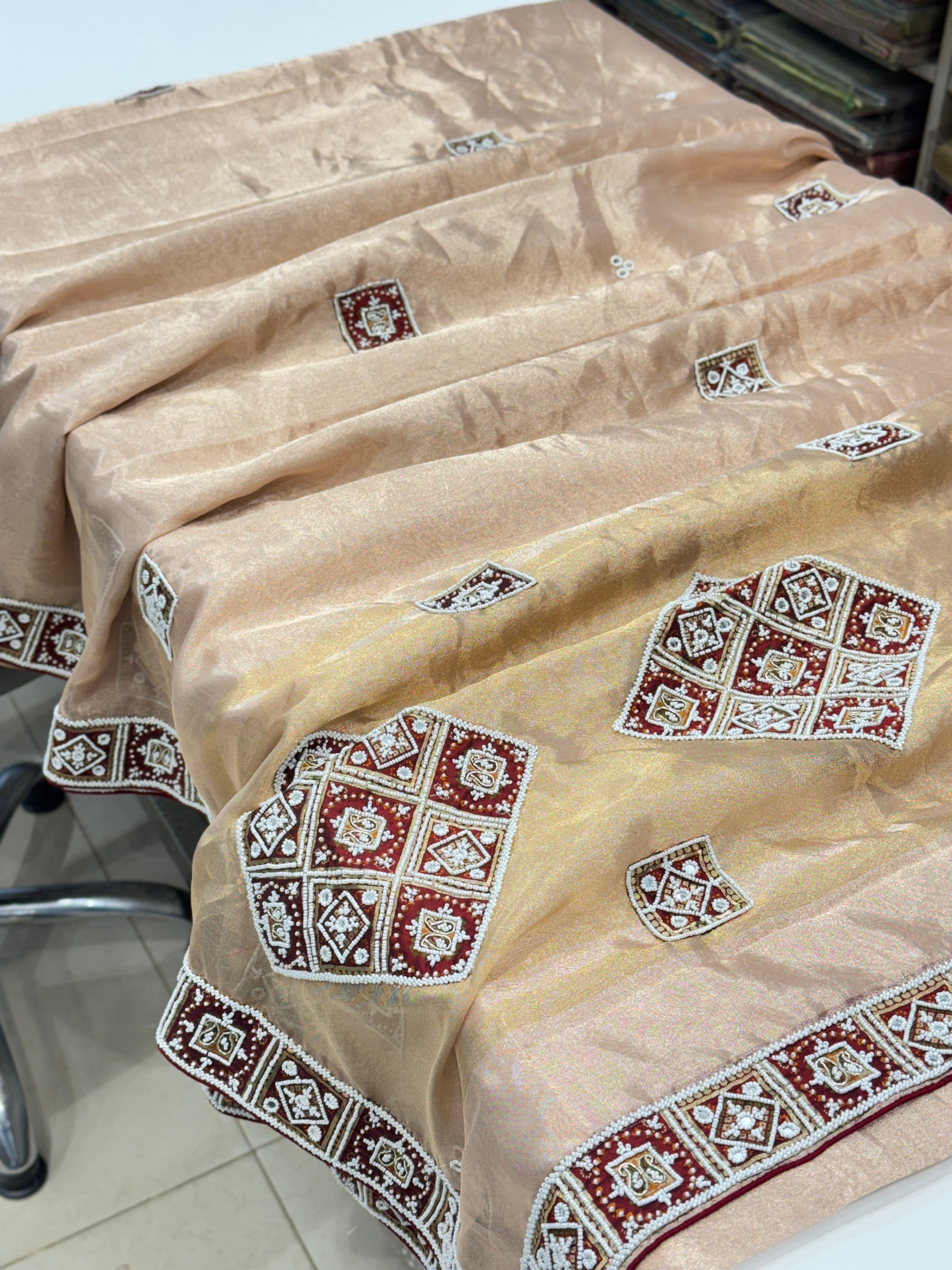 Pink Tissue with Patan Patola Kidiya Moti Hand Embroidery Saree