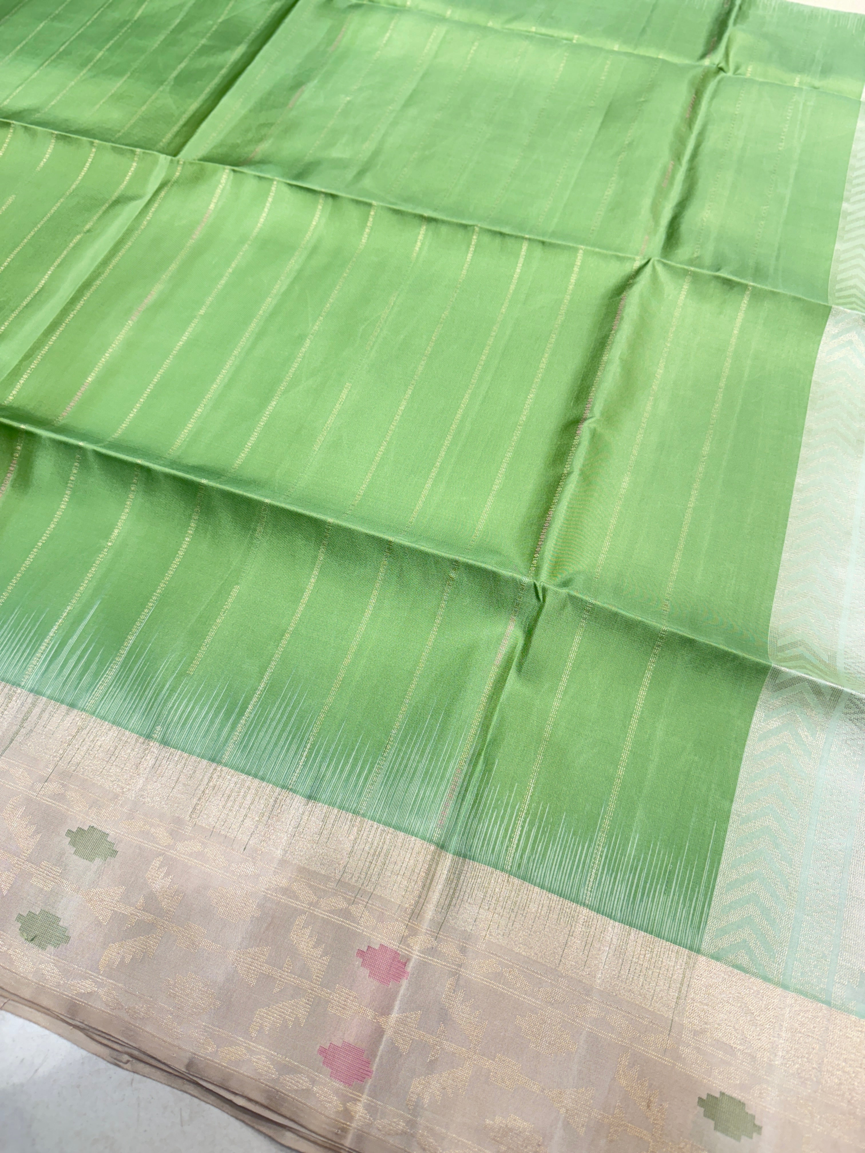 Pista Green Beige Contemporary Handloom Kanchipuram Pure Silk Saree
