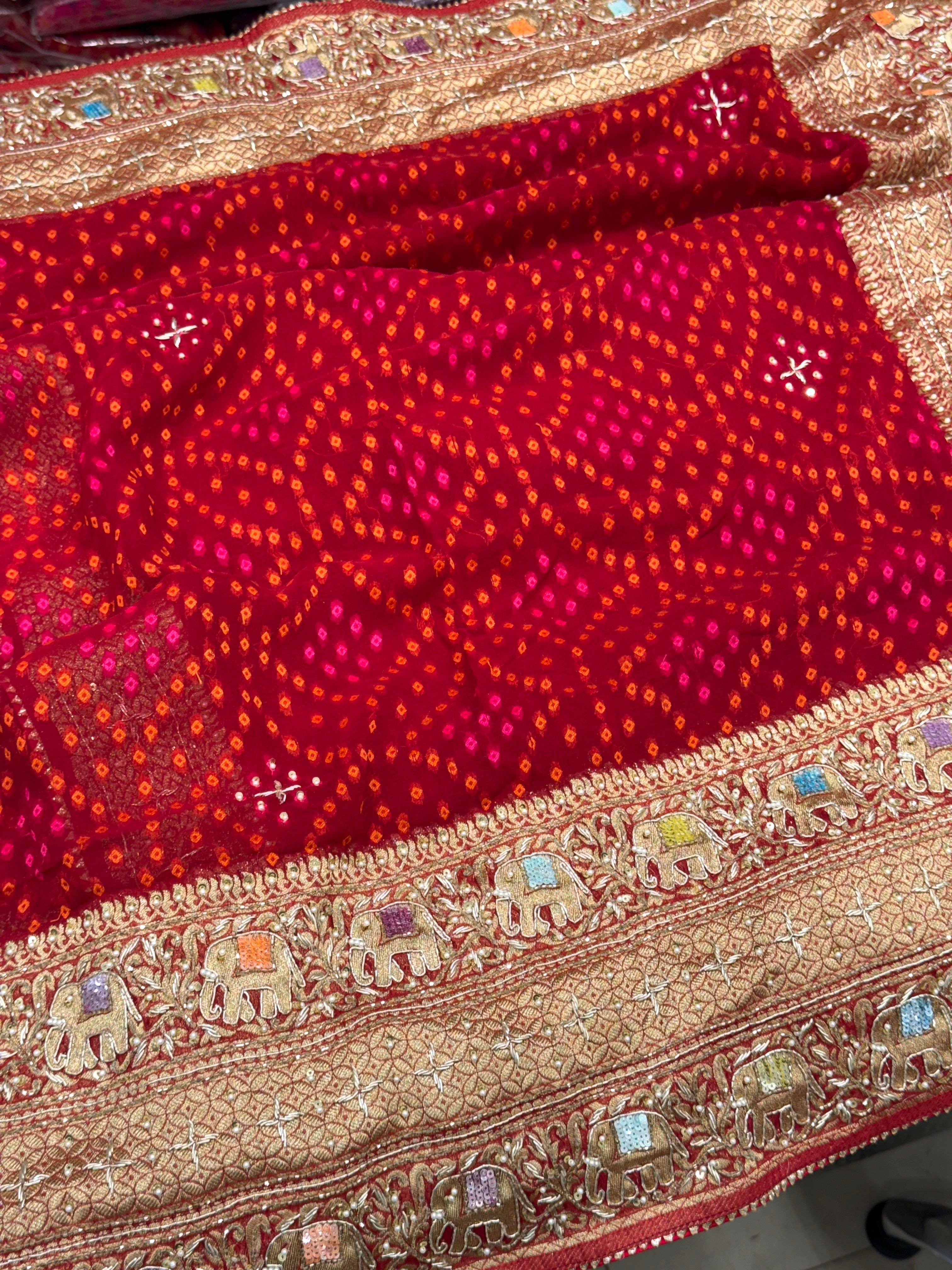 Red Bandhej Georgette Elephant Theme Hand Embroidery Saree
