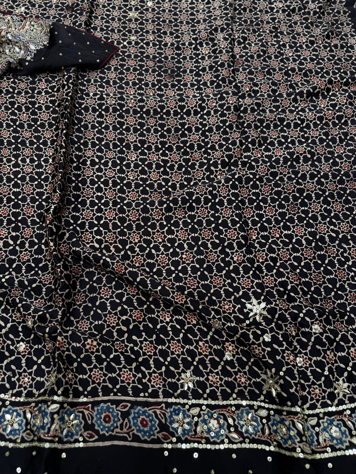 Black Keri Butti Ajrakh Sequin Moti Hand Embroidery Saree