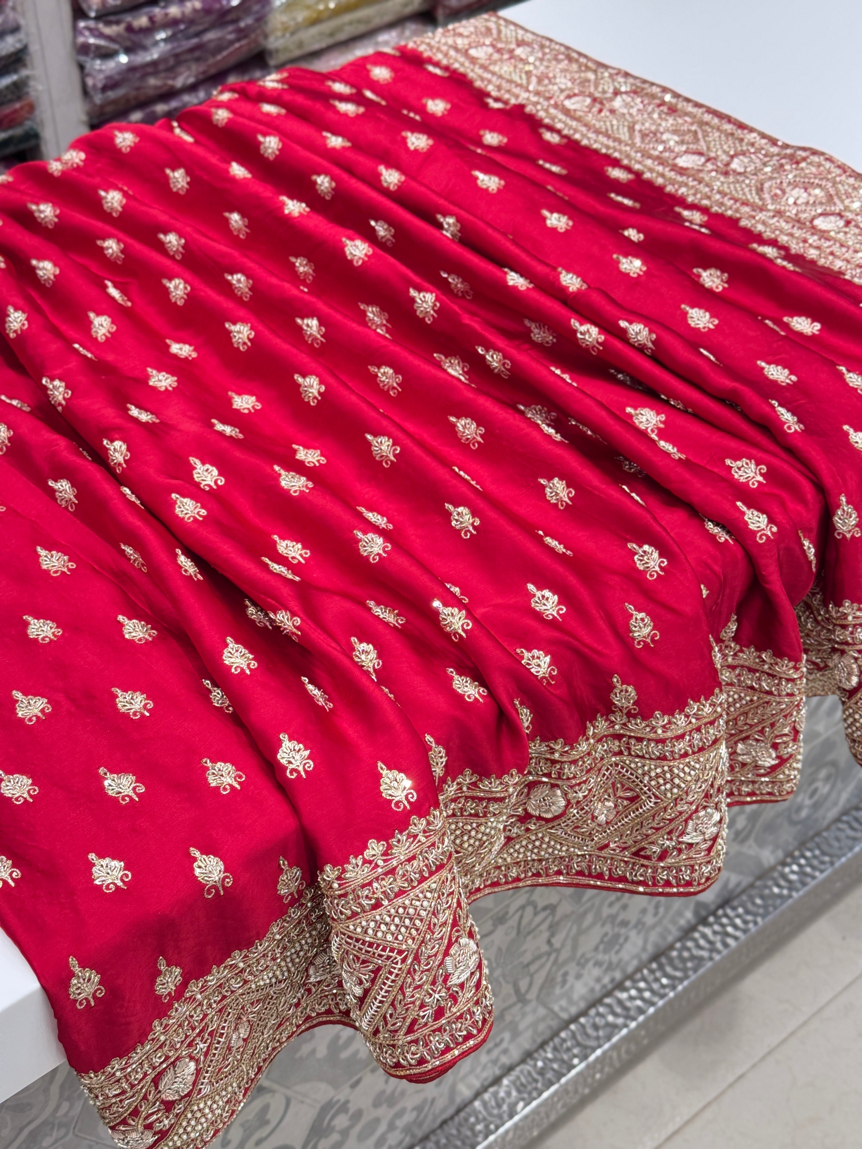Red Hand Embroidery Buttis Pure Satin Zardosi Embroidery