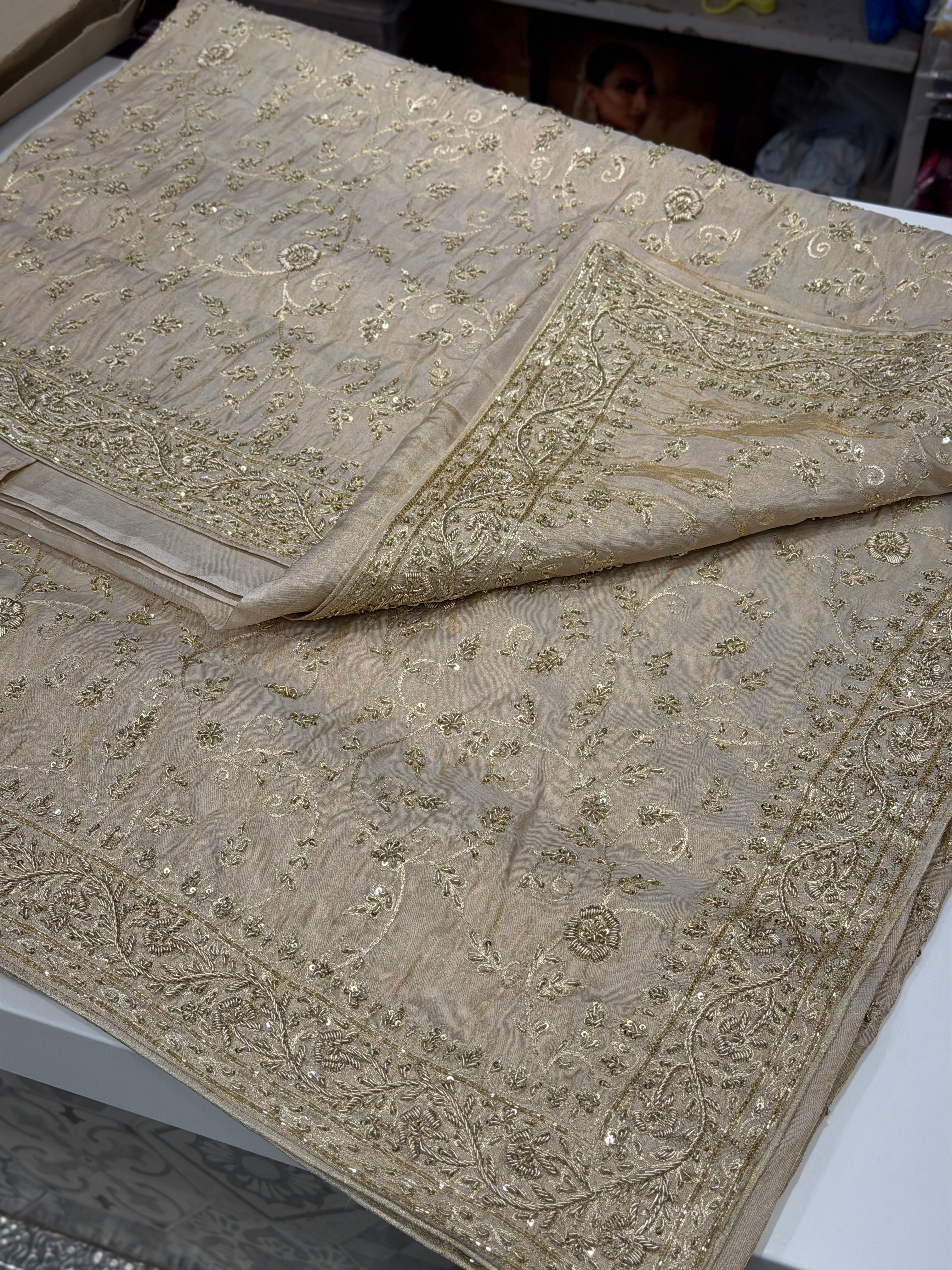 Ivory Tissue Zardosi Intricate Jaal Hand Embroidery Saree