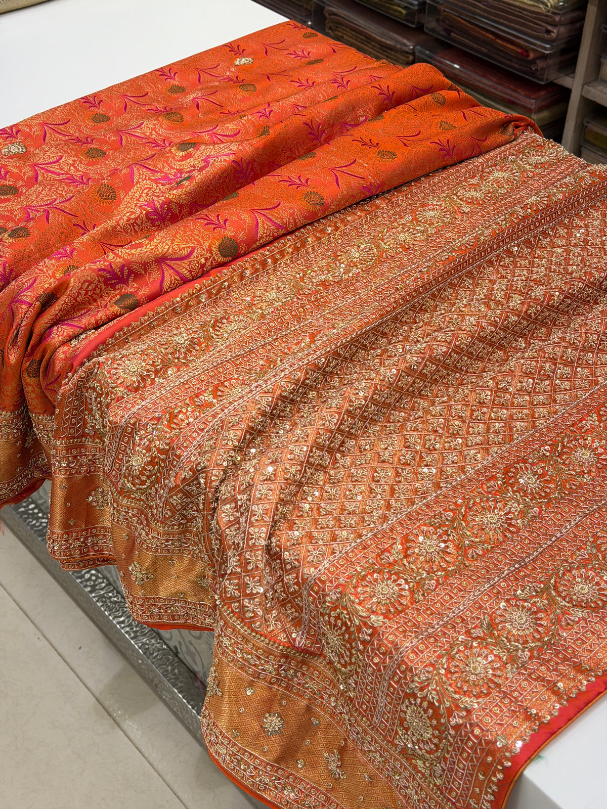 Rust Orange Meenakari Kanjivaram Zardosi Hand Embroidery Saree
