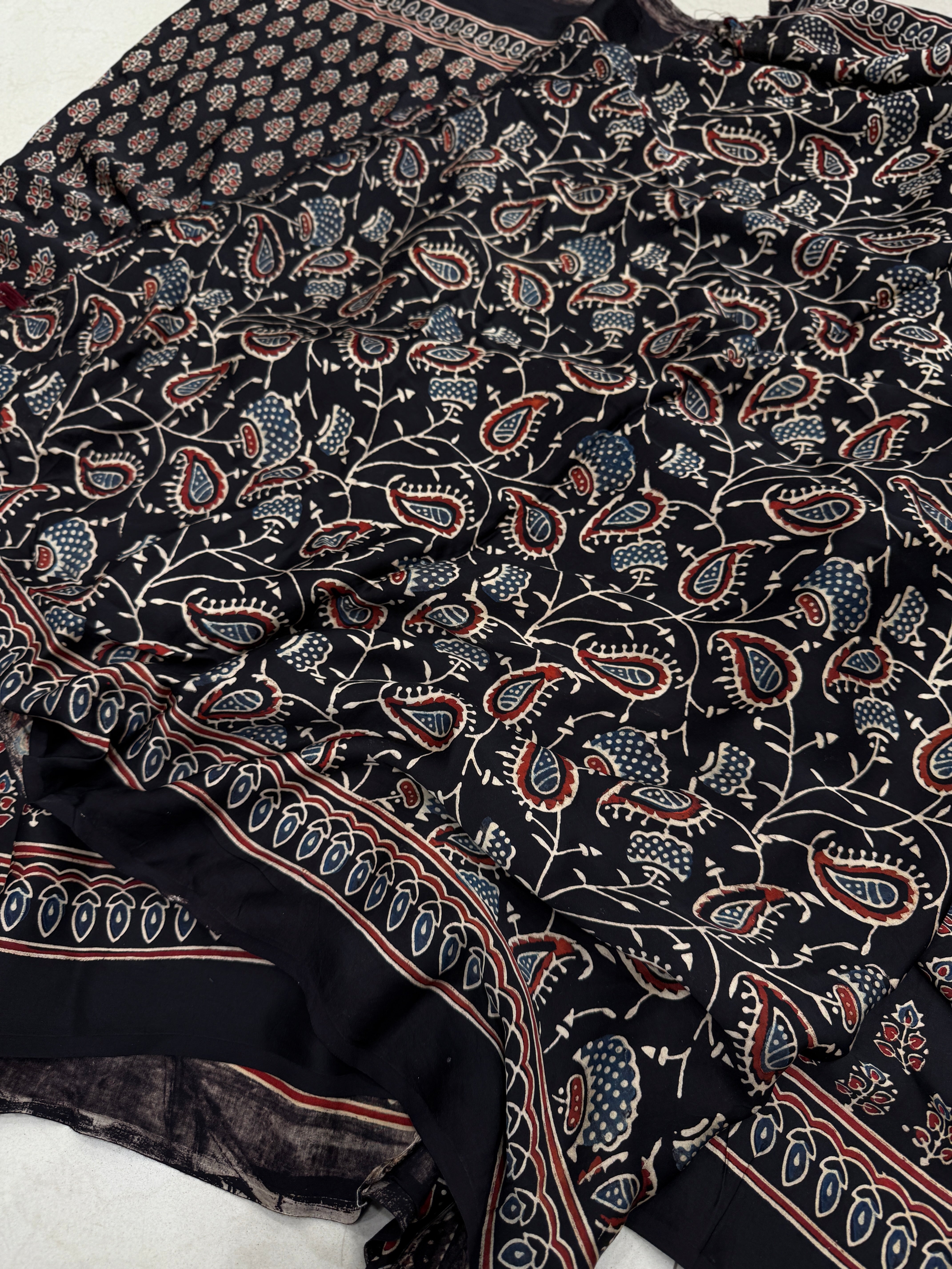 Black Keri Buttis Ajrakh Block Print Hand Pure Gajji Silk Saree