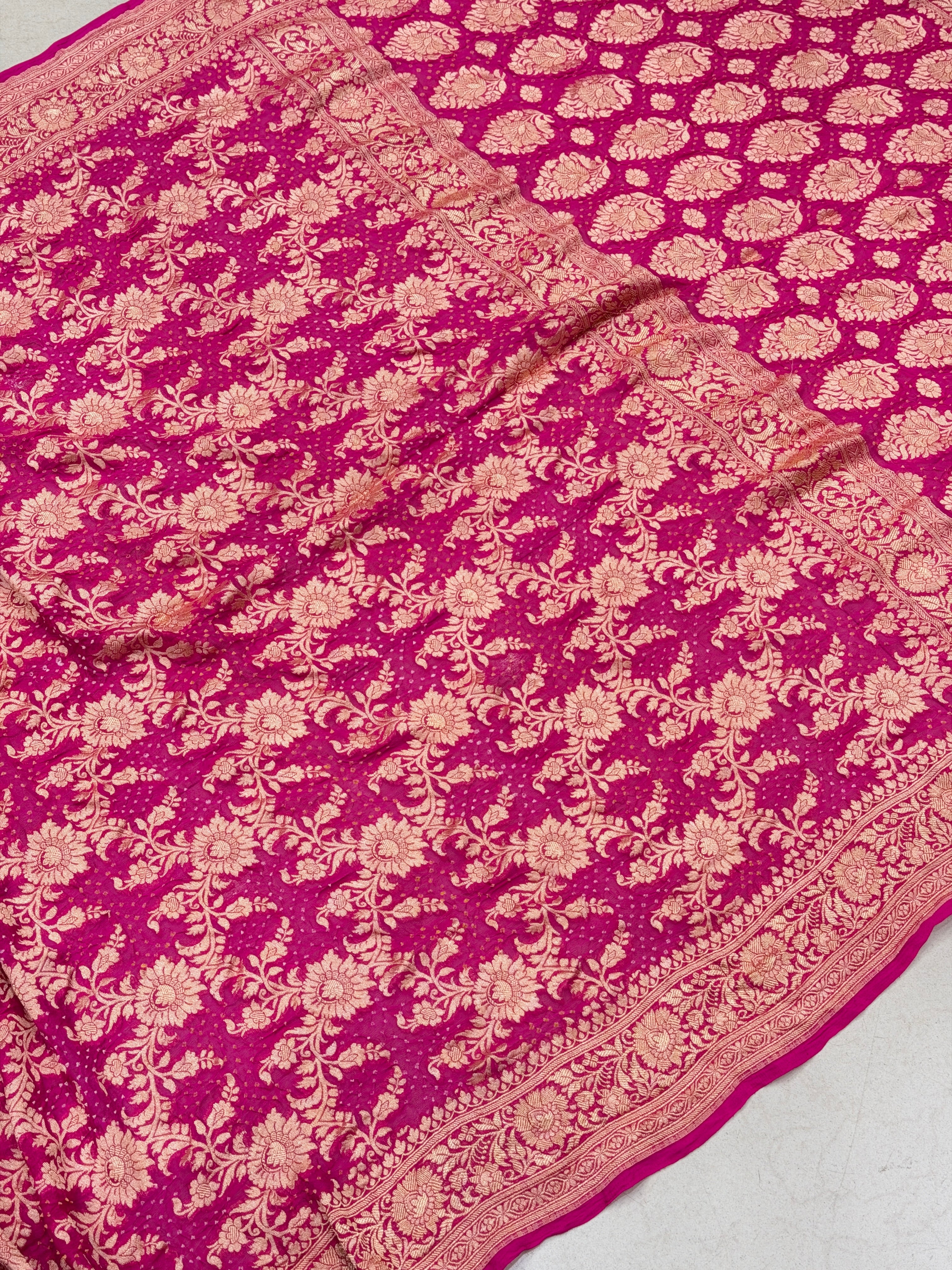 Rani Pink Georgette Handloom Bandhej Bandhini Saree