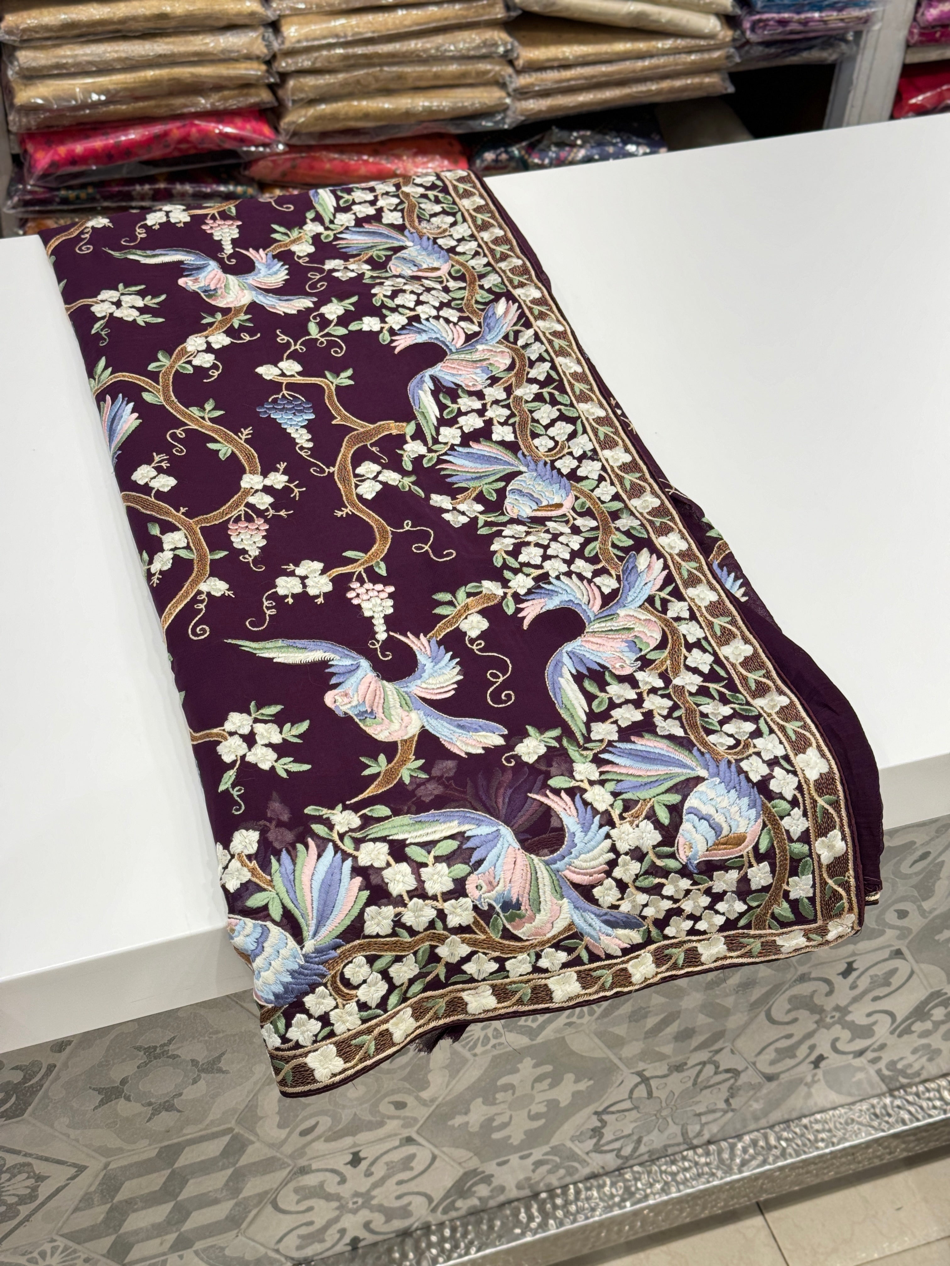 Wine Georgette Parsi Gara with Chakla Chakli Design Saree