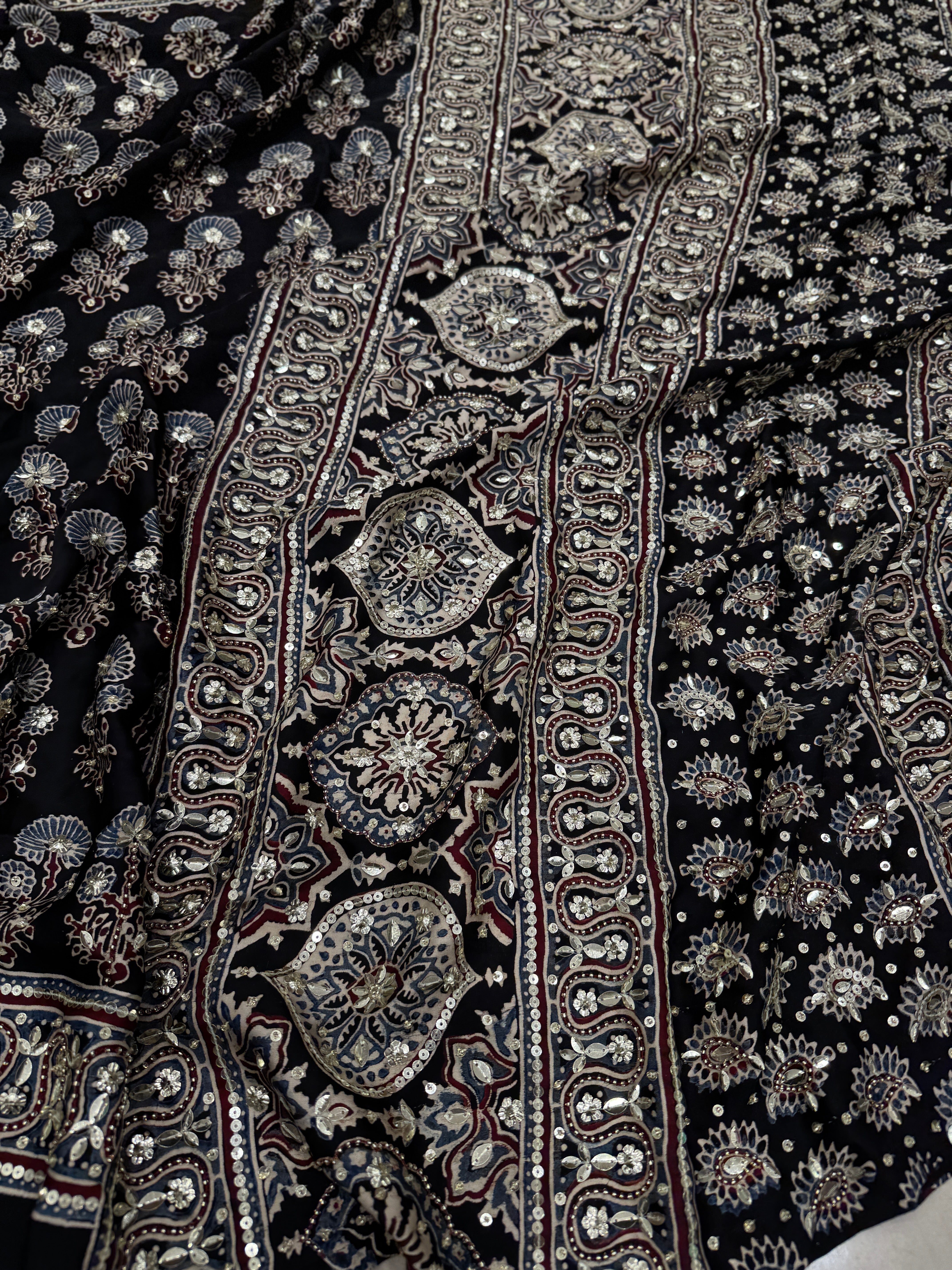 Black Floral Buttas Sequin Ajrakh Hand Embroidery Saree