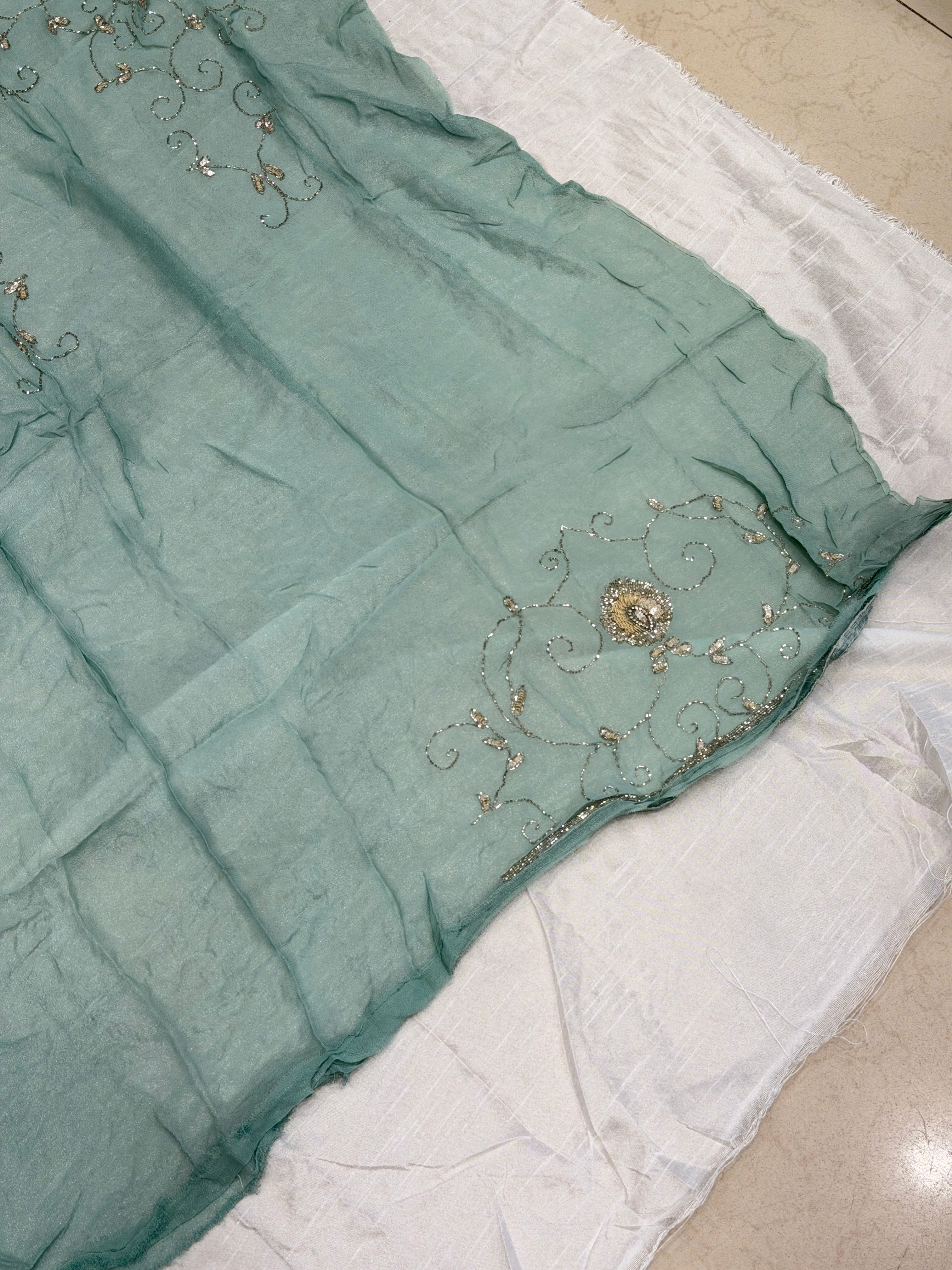 Teal Tissue Chiffon Hand Embroidery Blouse Piece