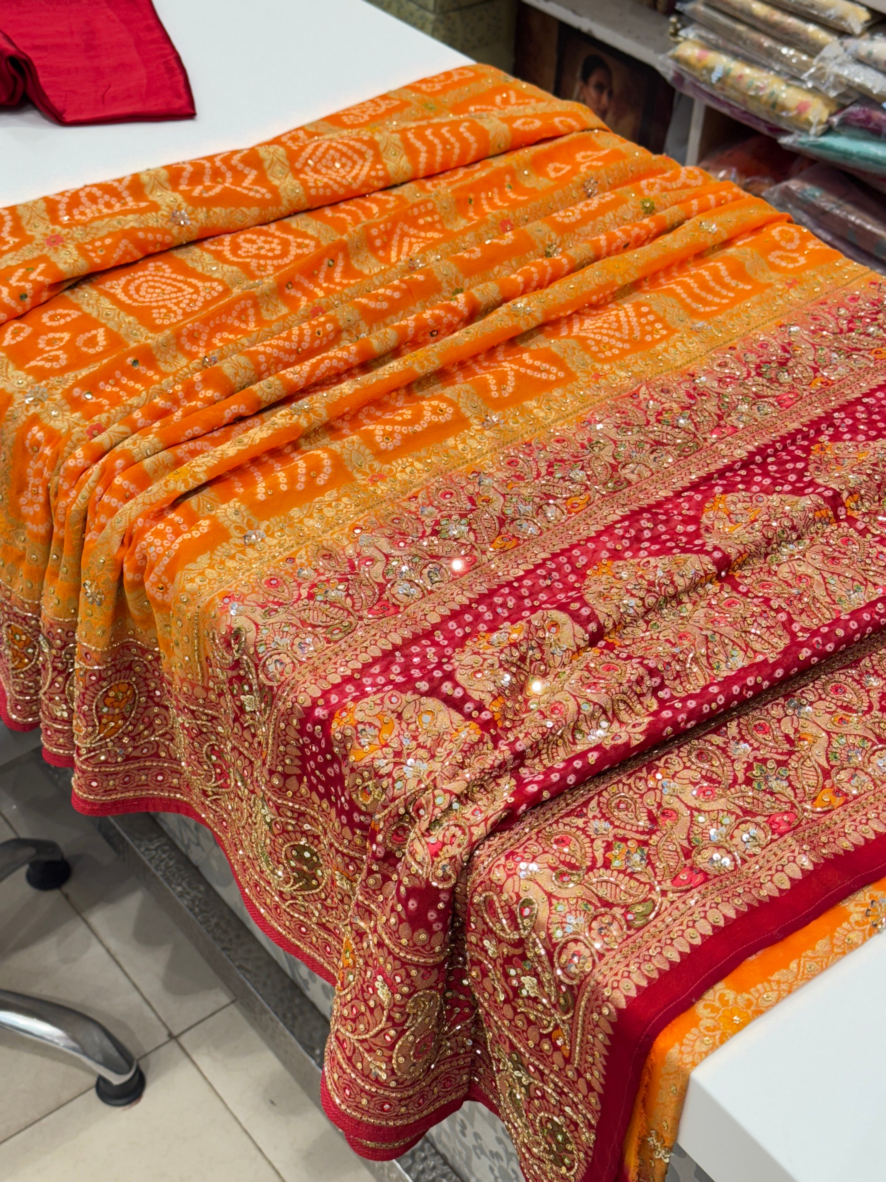 Orange Red Gharchola Hand Embroidery Saree