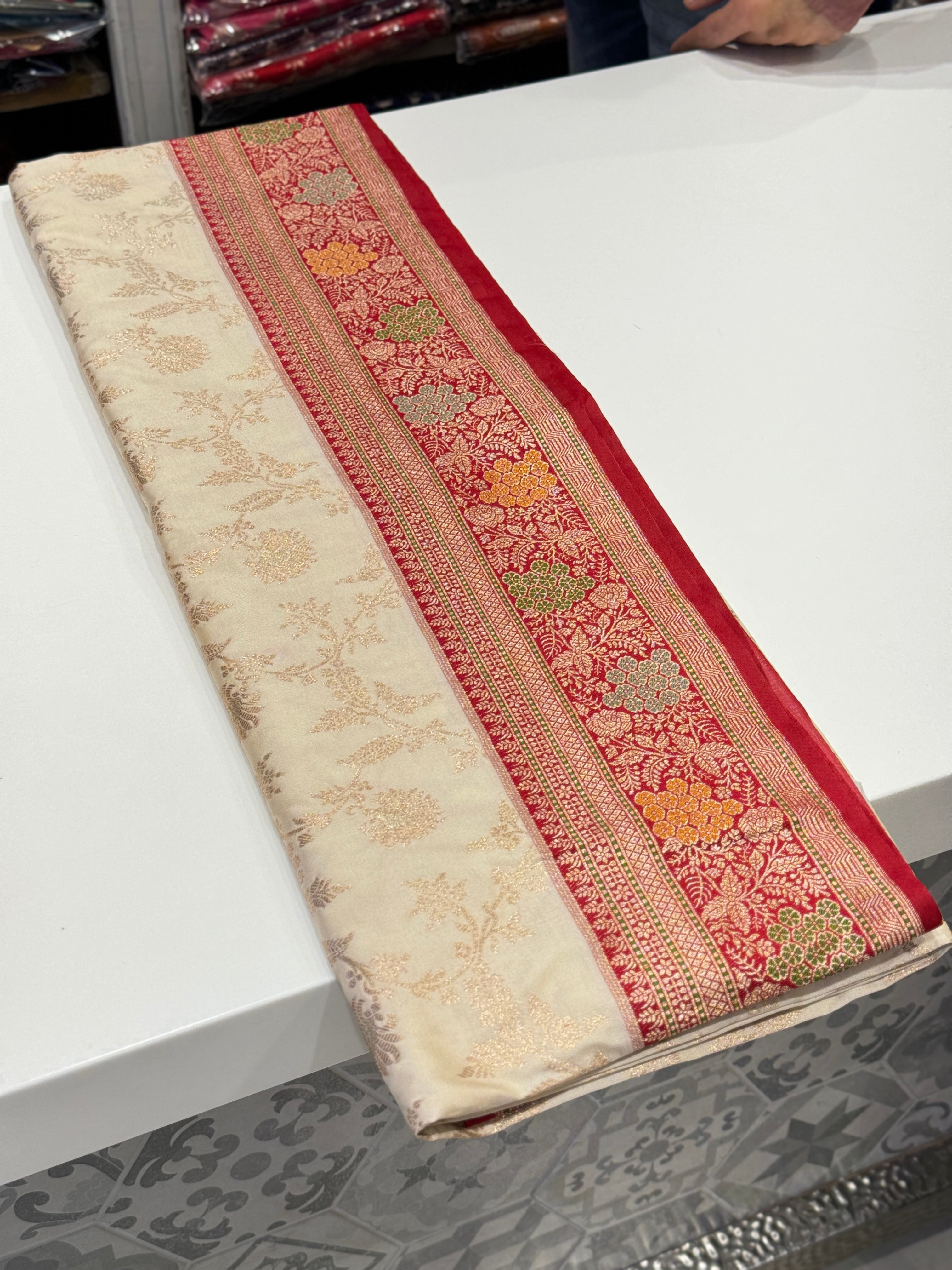 White Red Banarasi Jaal Saree