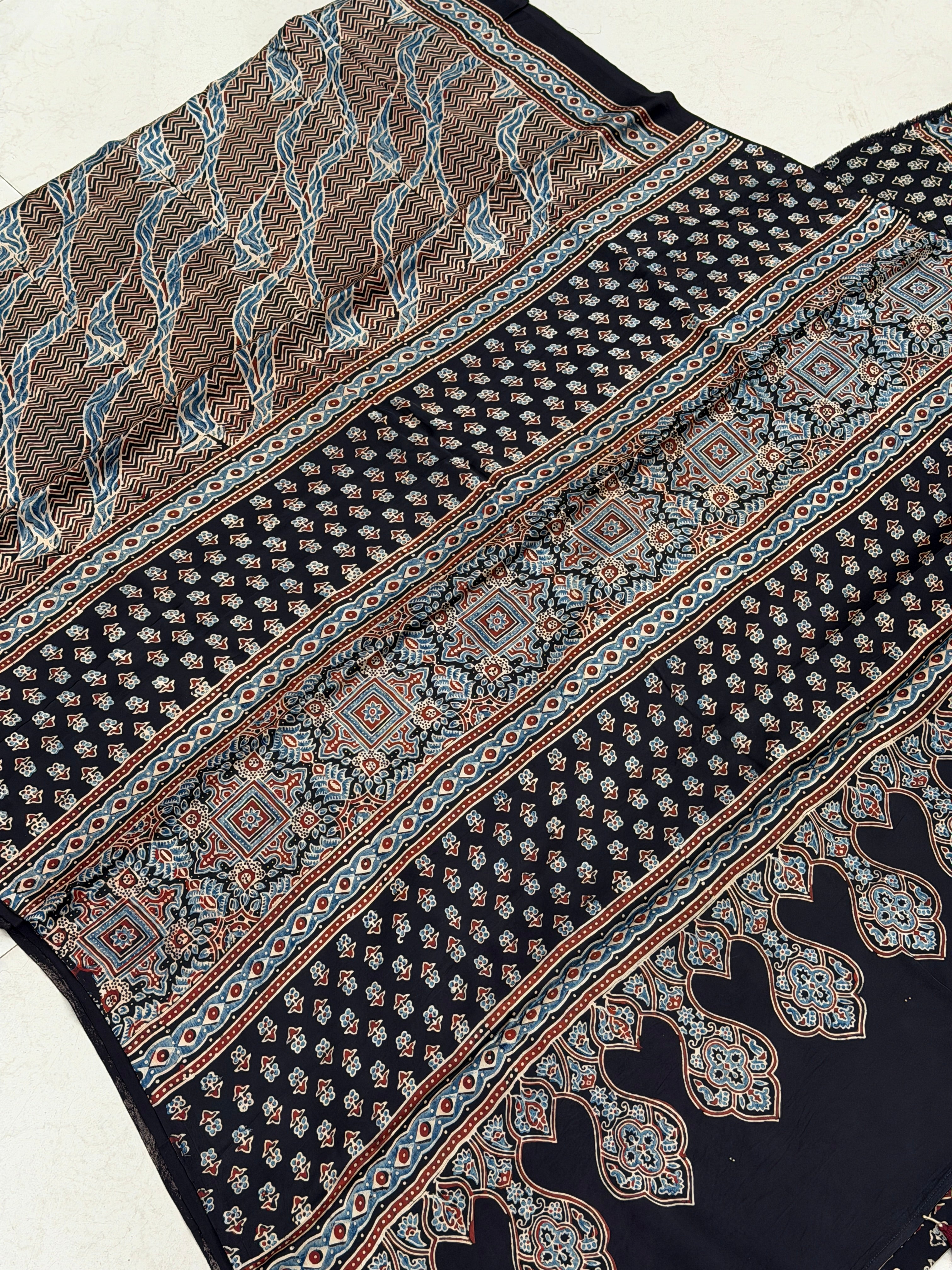 Black Blue Modern Style Ajrakh Hand Block Print Pure Modal Silk Saree