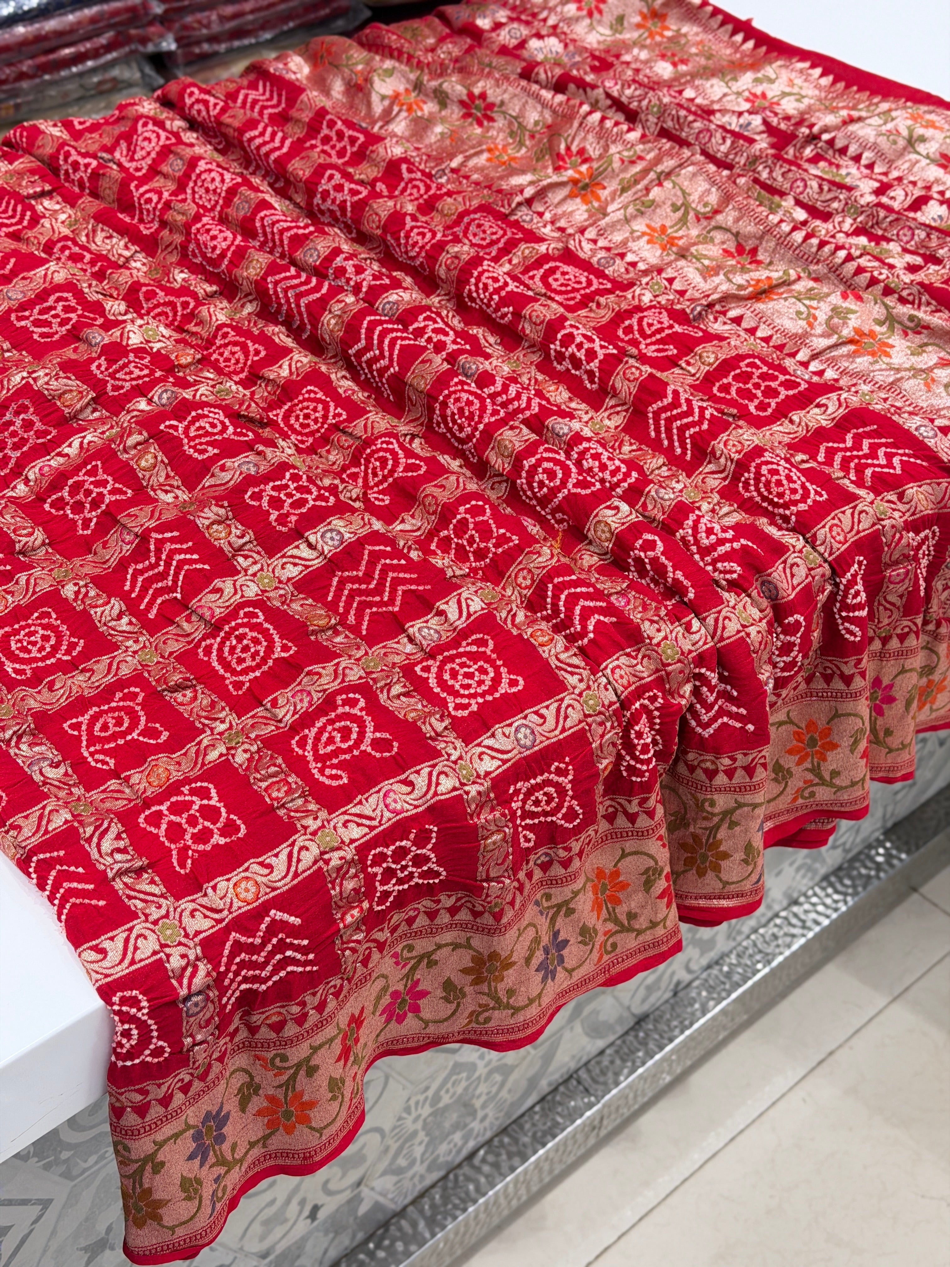 Red Gharchola Bandhej Meenakari Pure Georgette Rai Bandhej Saree