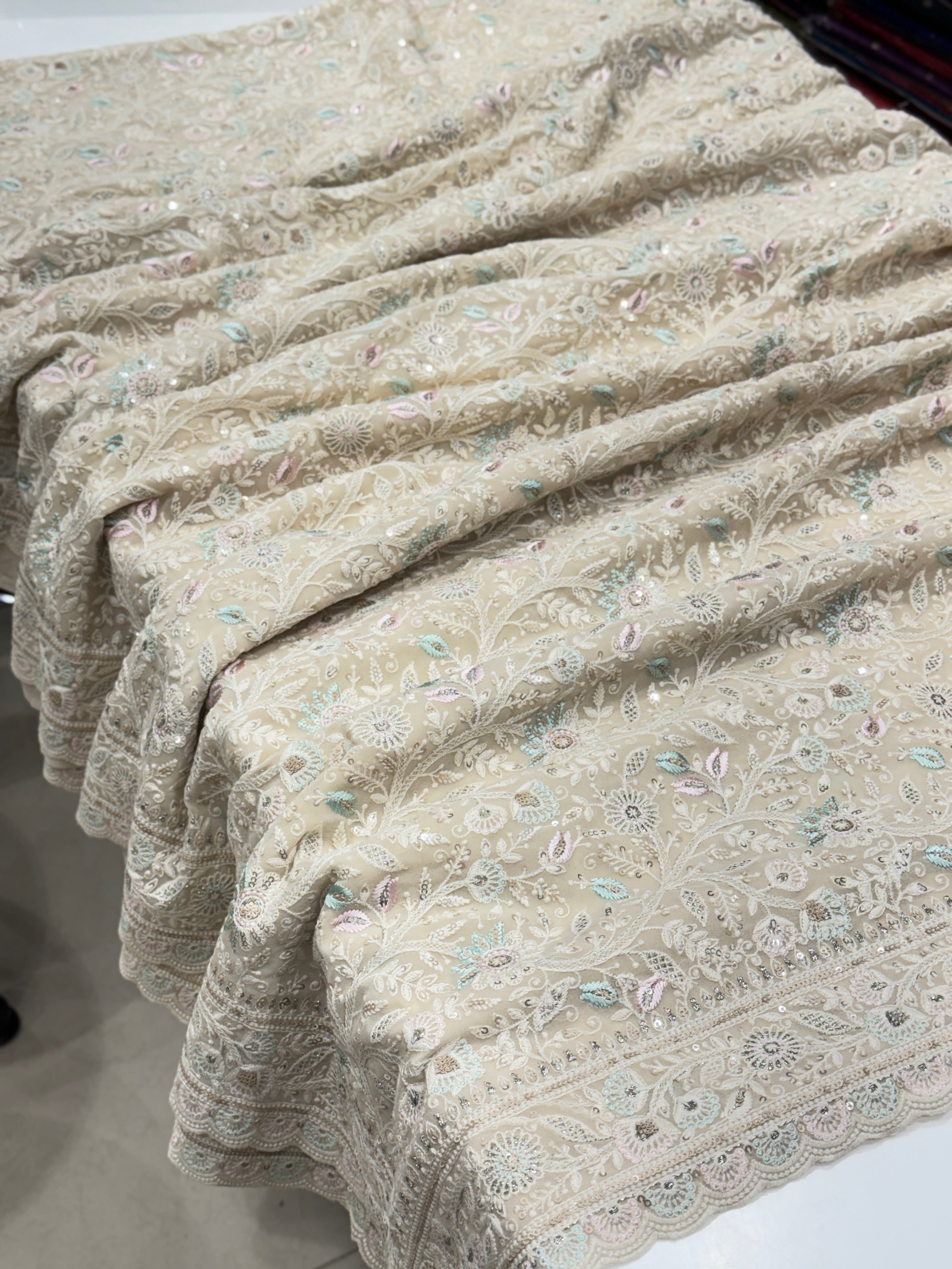 Moti White Meenakari Chikankari Scallop Design Saree