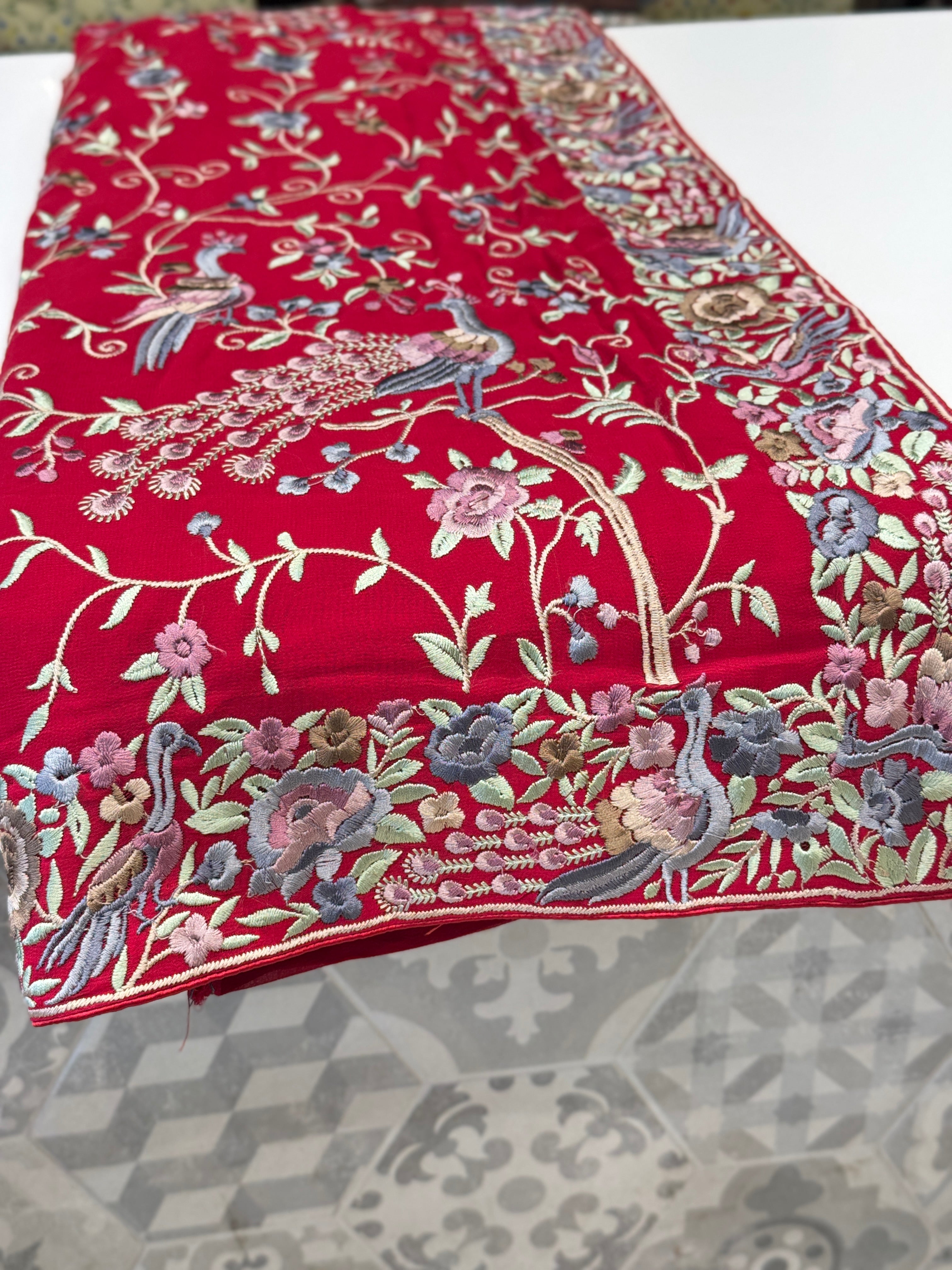 Red Georgette Parsi Gara Peacocks Saree