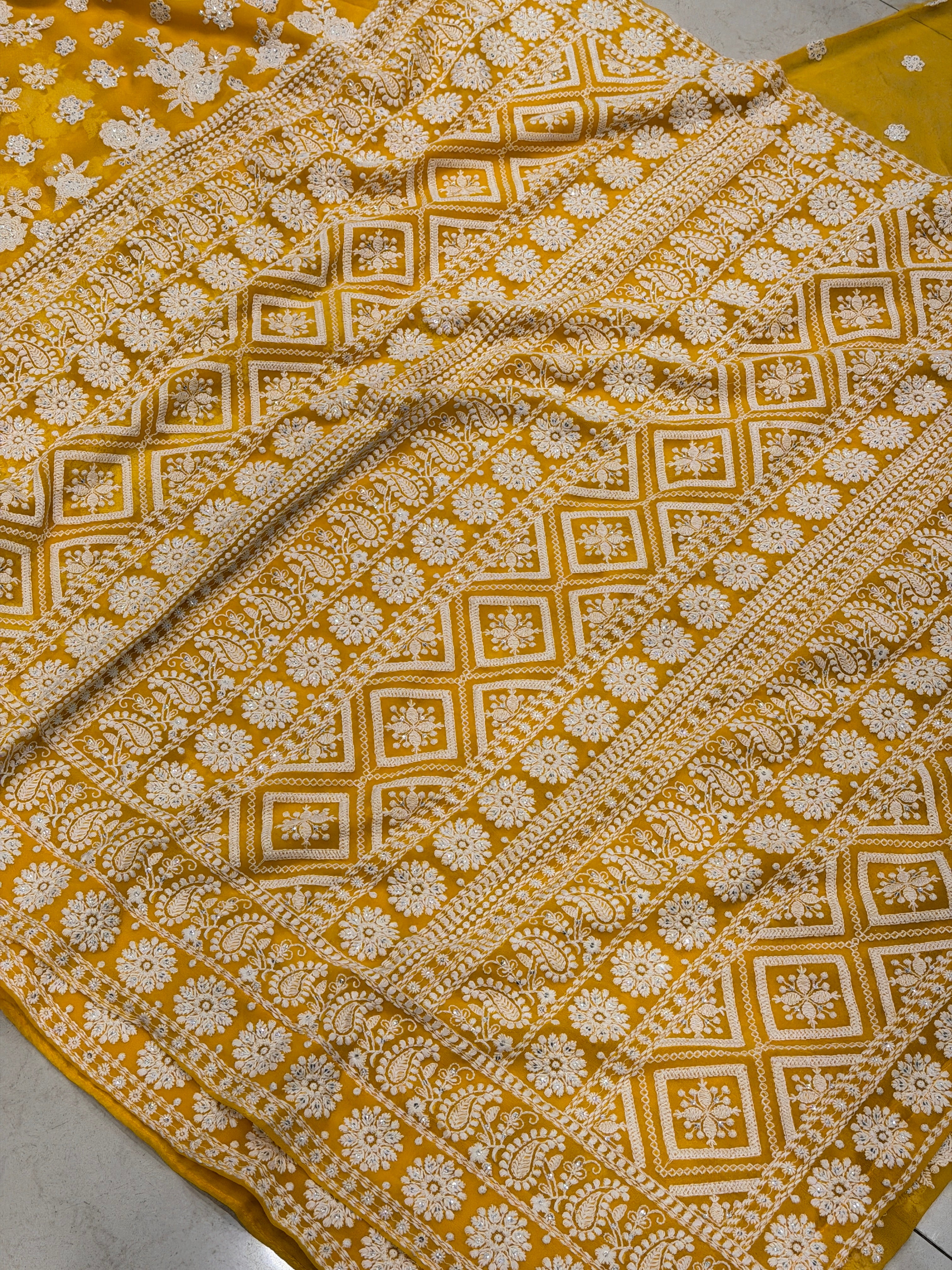 Yellow Chikankari Georgette Resham Butta Saree