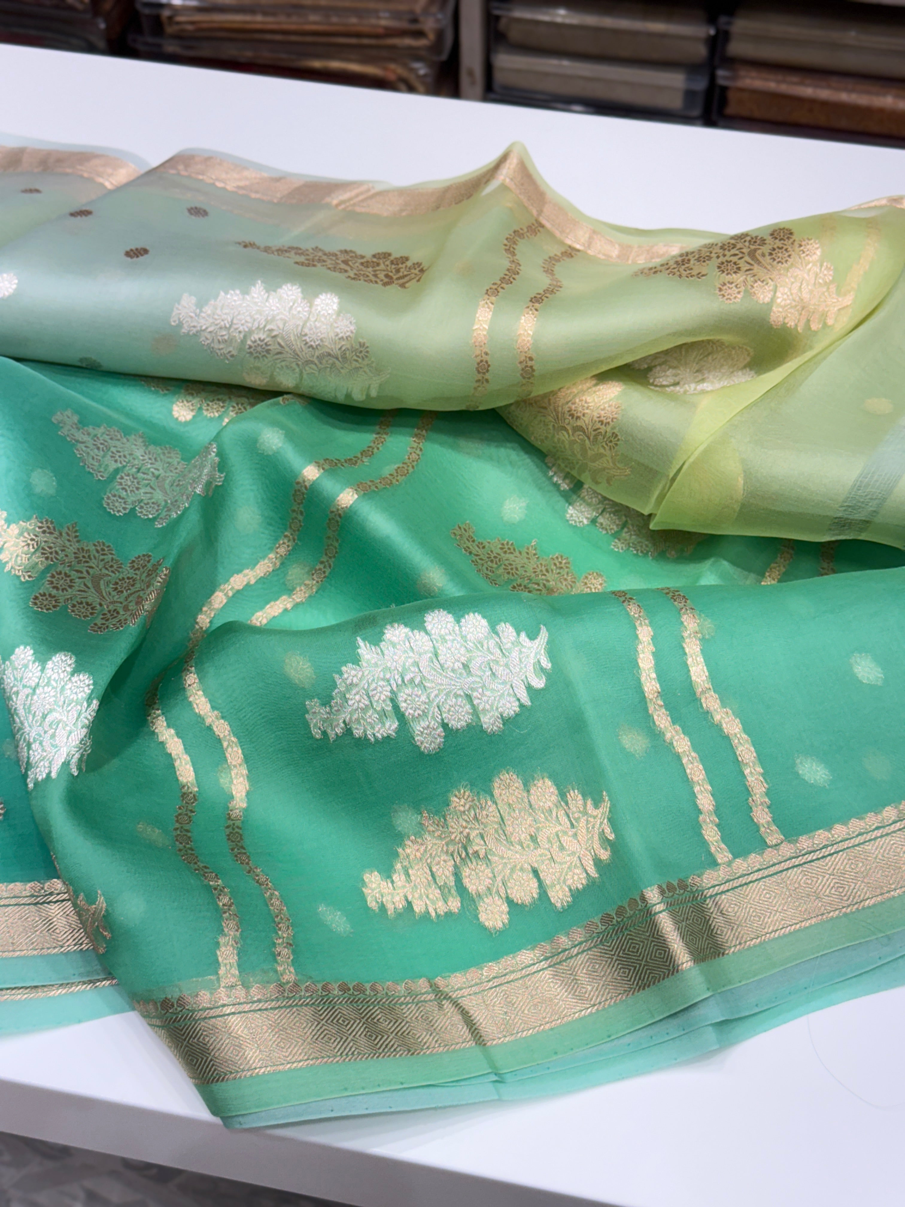 Green Shaded Banarasi Handloom Kora Saree