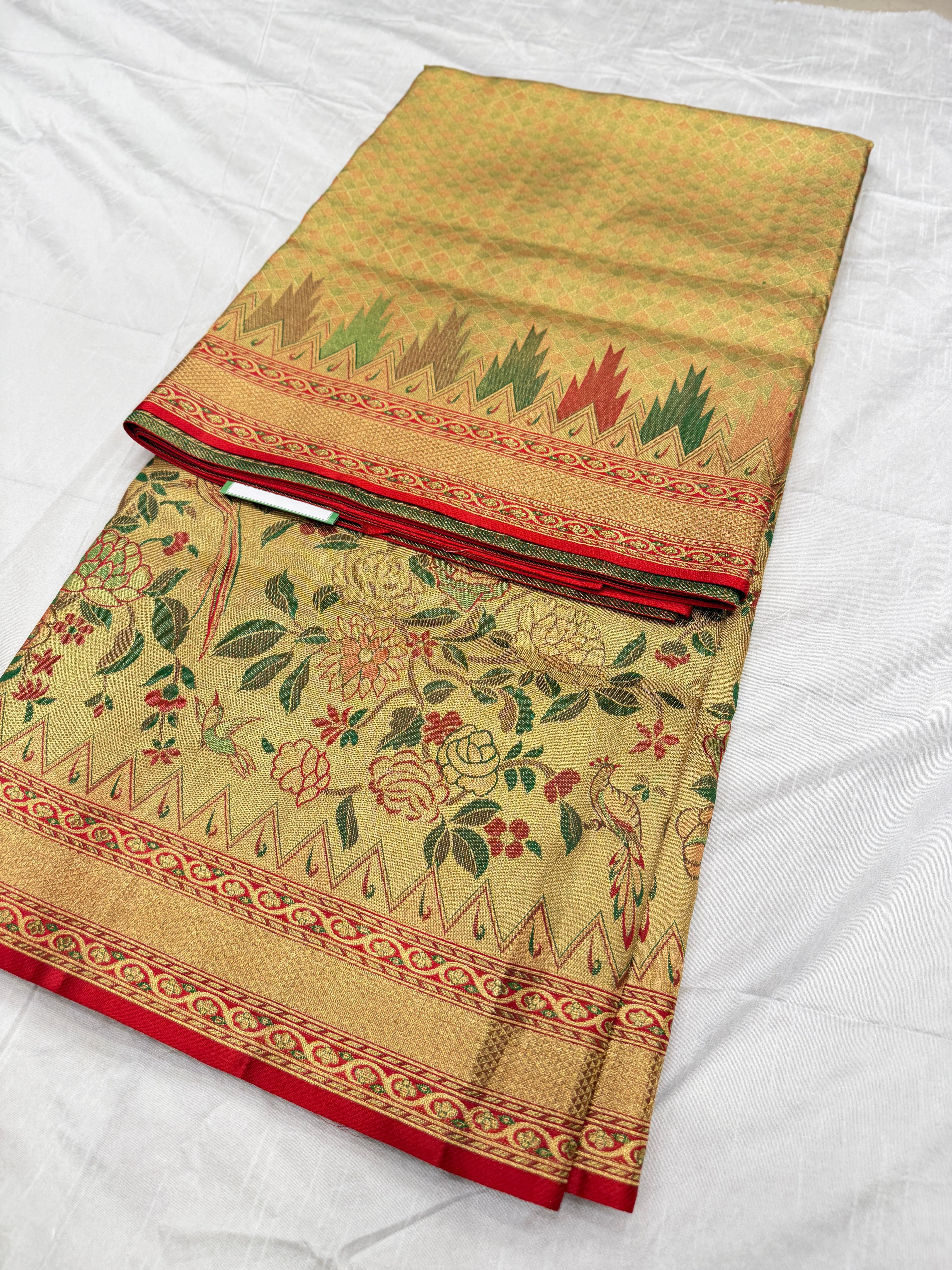 Golden Tissue Meenakari Pallu Handloom Kanjivaram Tissue Silk Saree