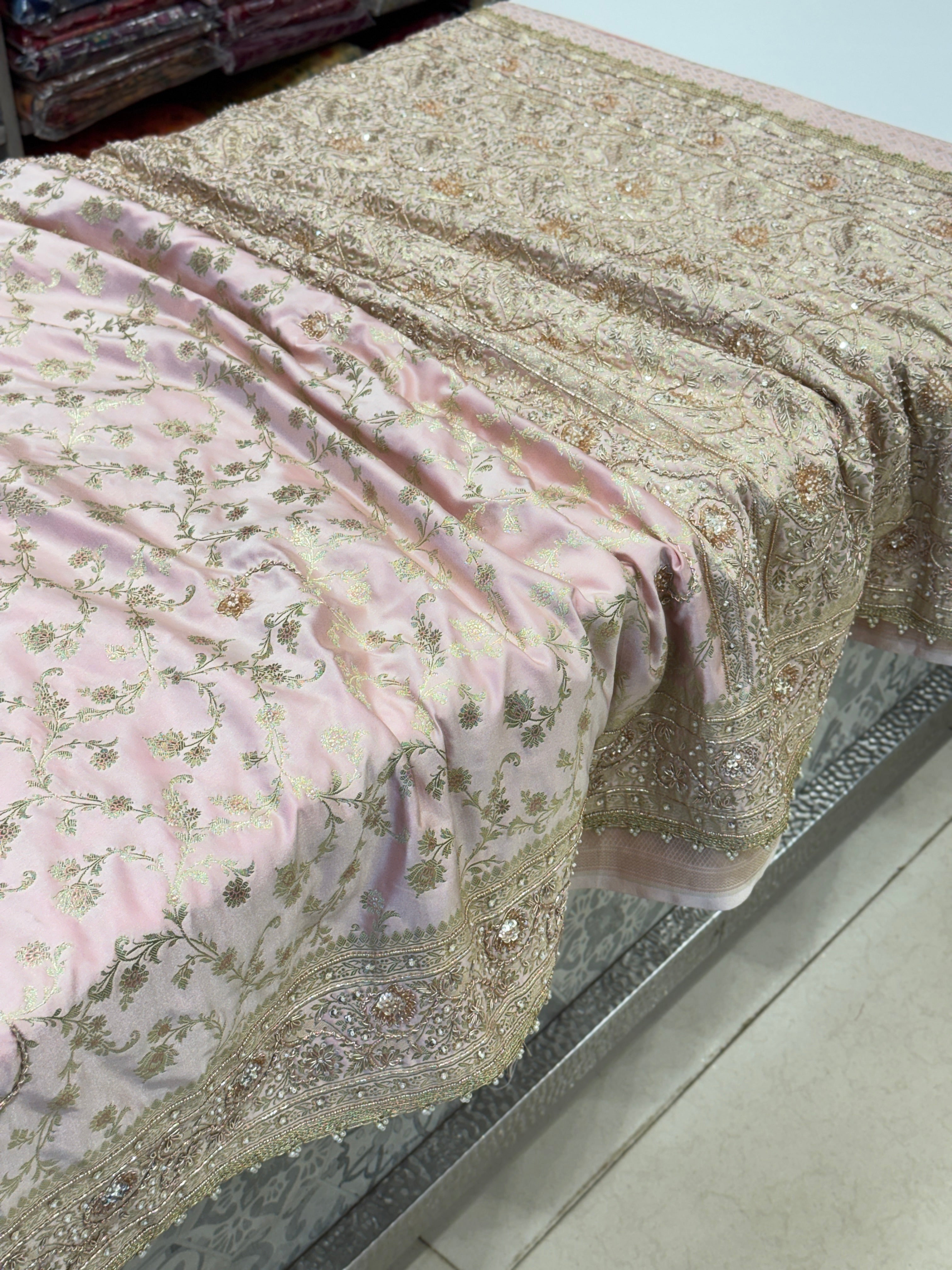 Pastel Pink Banarasi Sequin Zardosi Hand Embroidery Saree