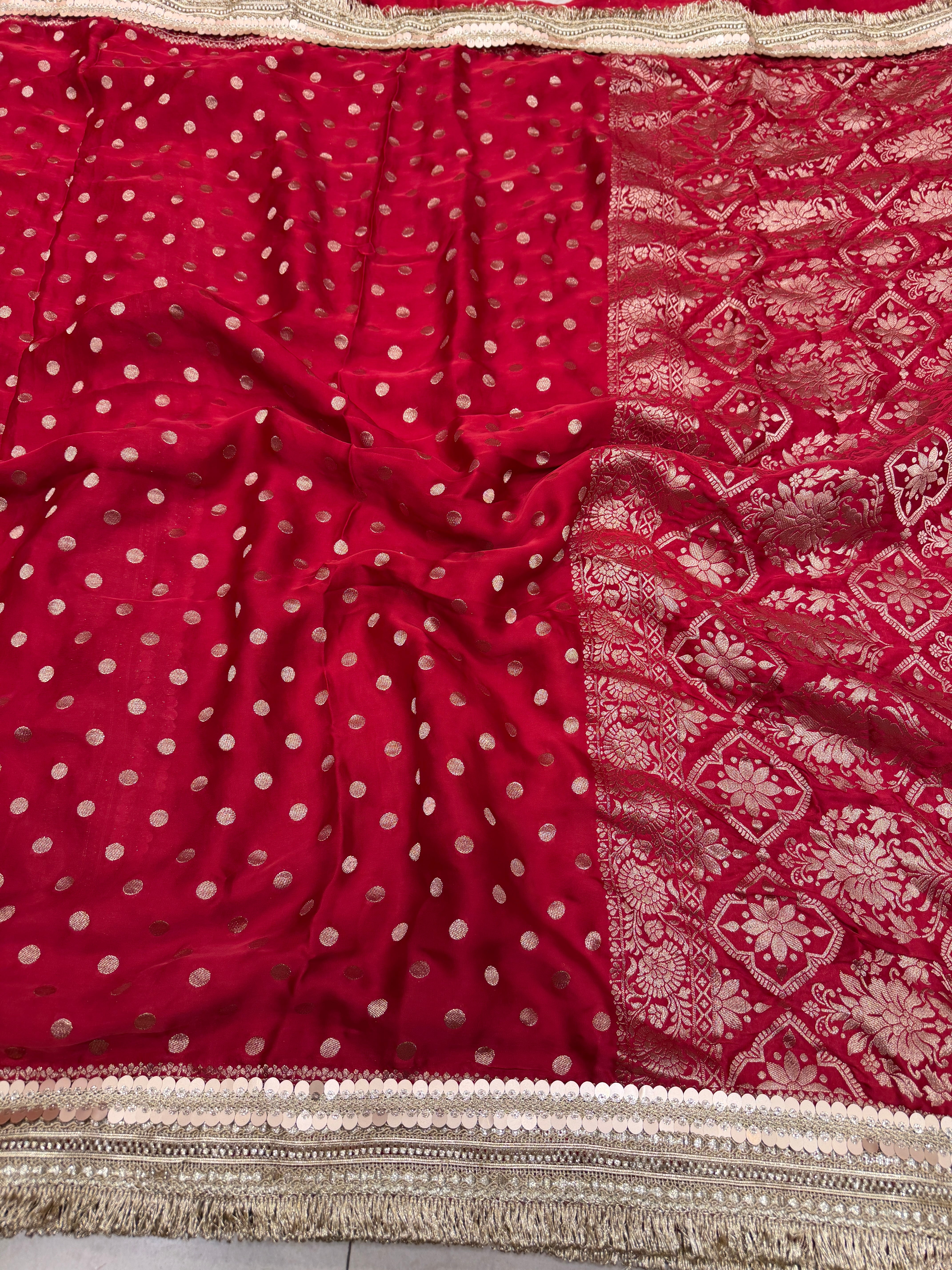 Red Polka Dot Satin Silk Maharani Lace Saree
