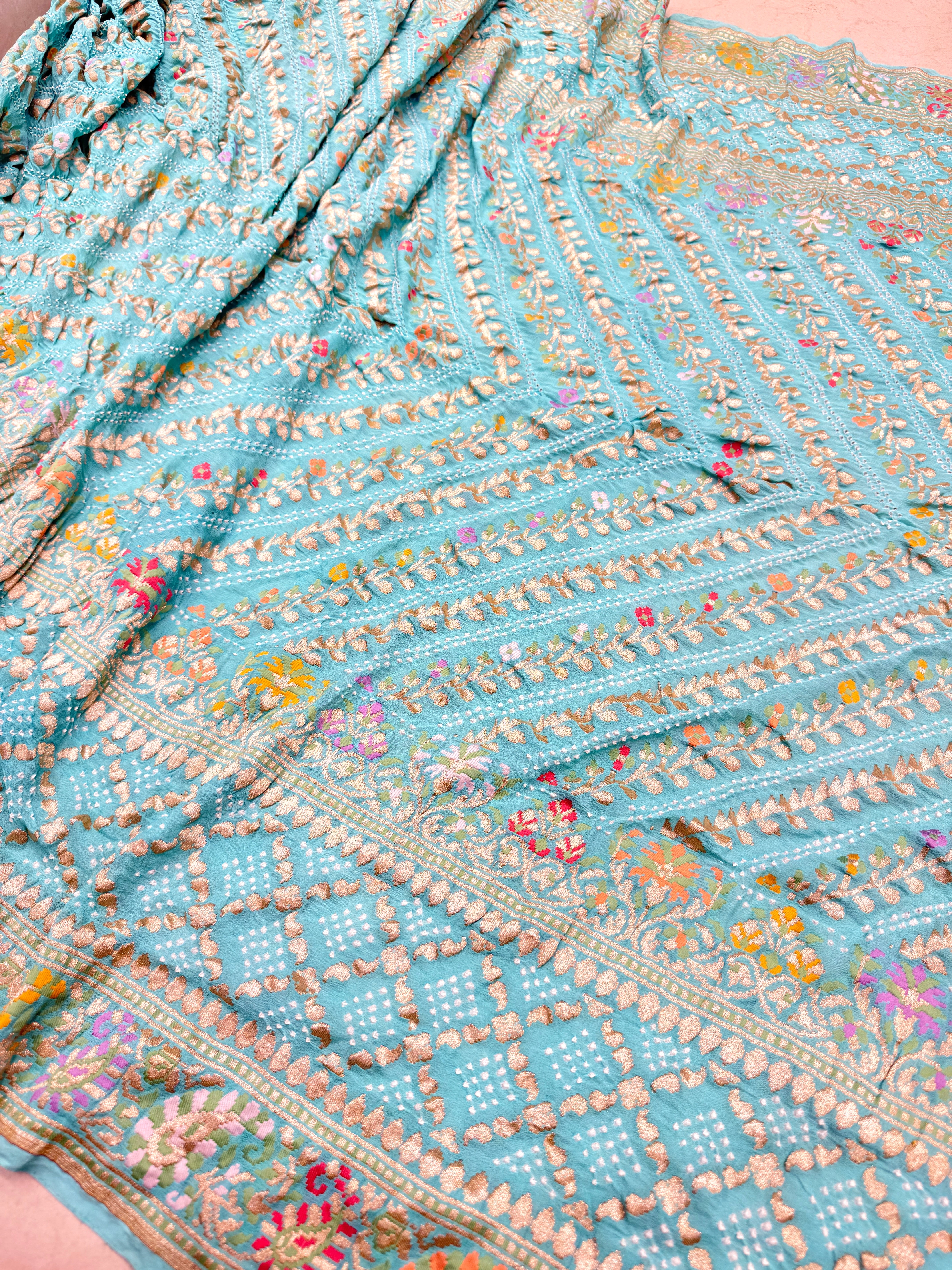 Light Blue Double Border Meenakari Rai Bandhej Georgette Bandhini Saree