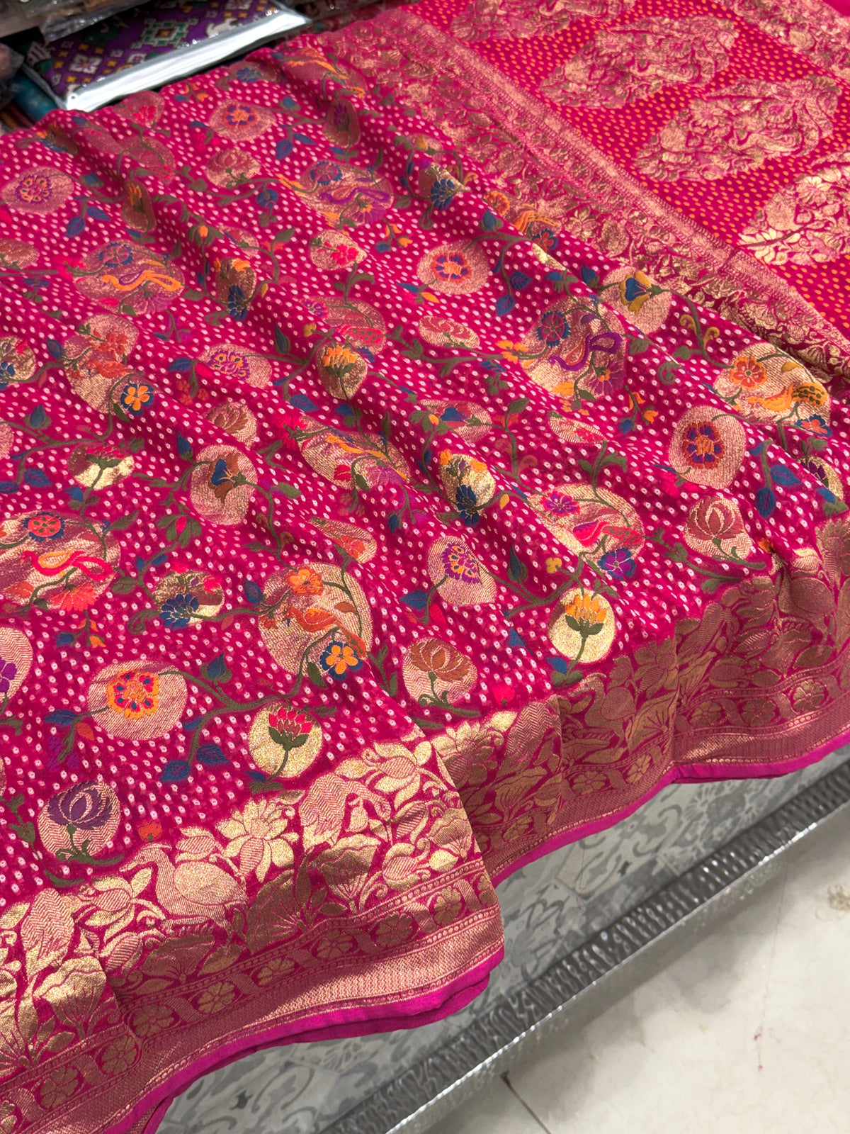 Rani Chandra Mor Meenakari Woven Bandhej Saree