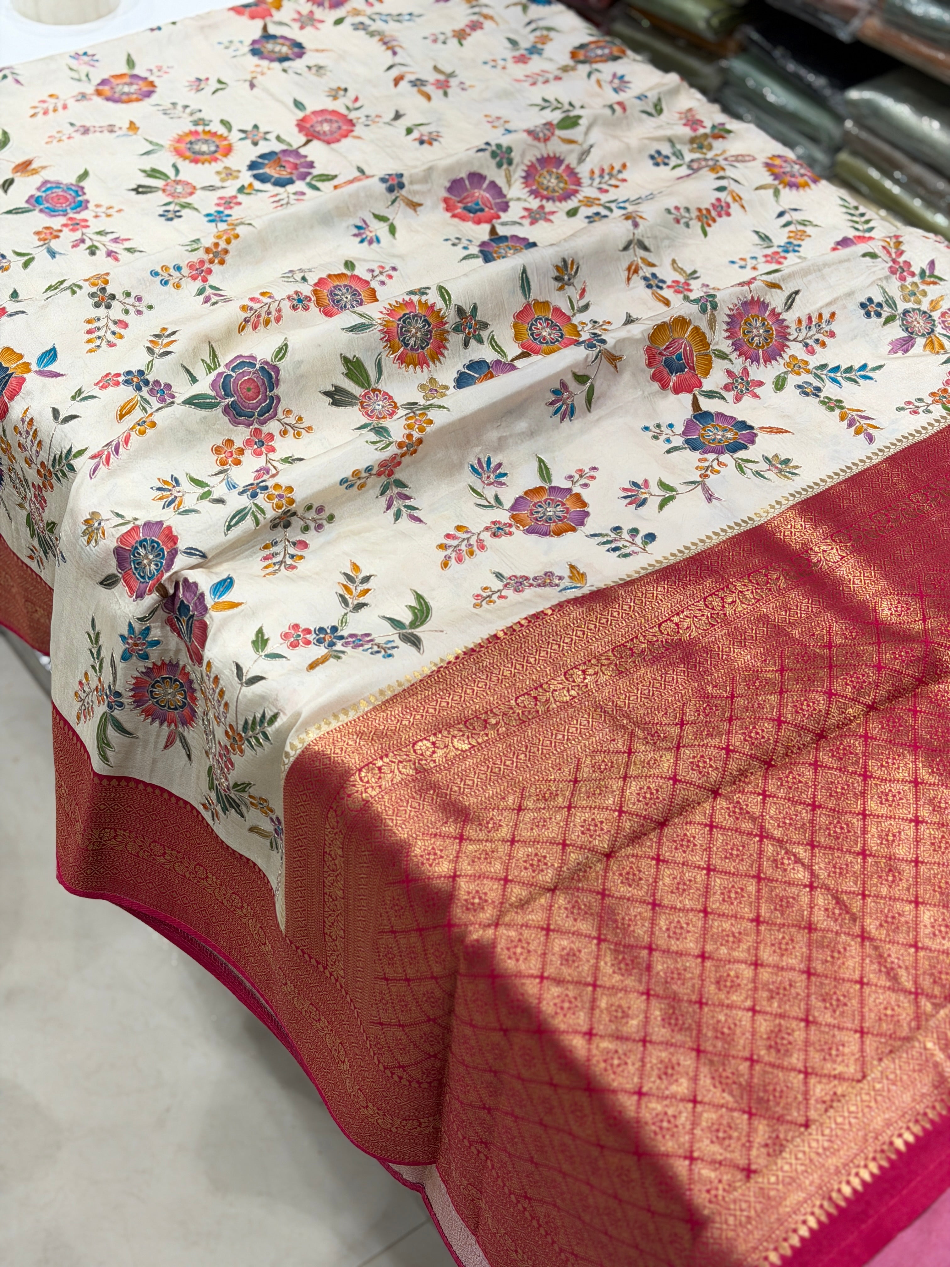 Moti White Banarasi Jaal Munga Silk Saree With Pita Embroidery