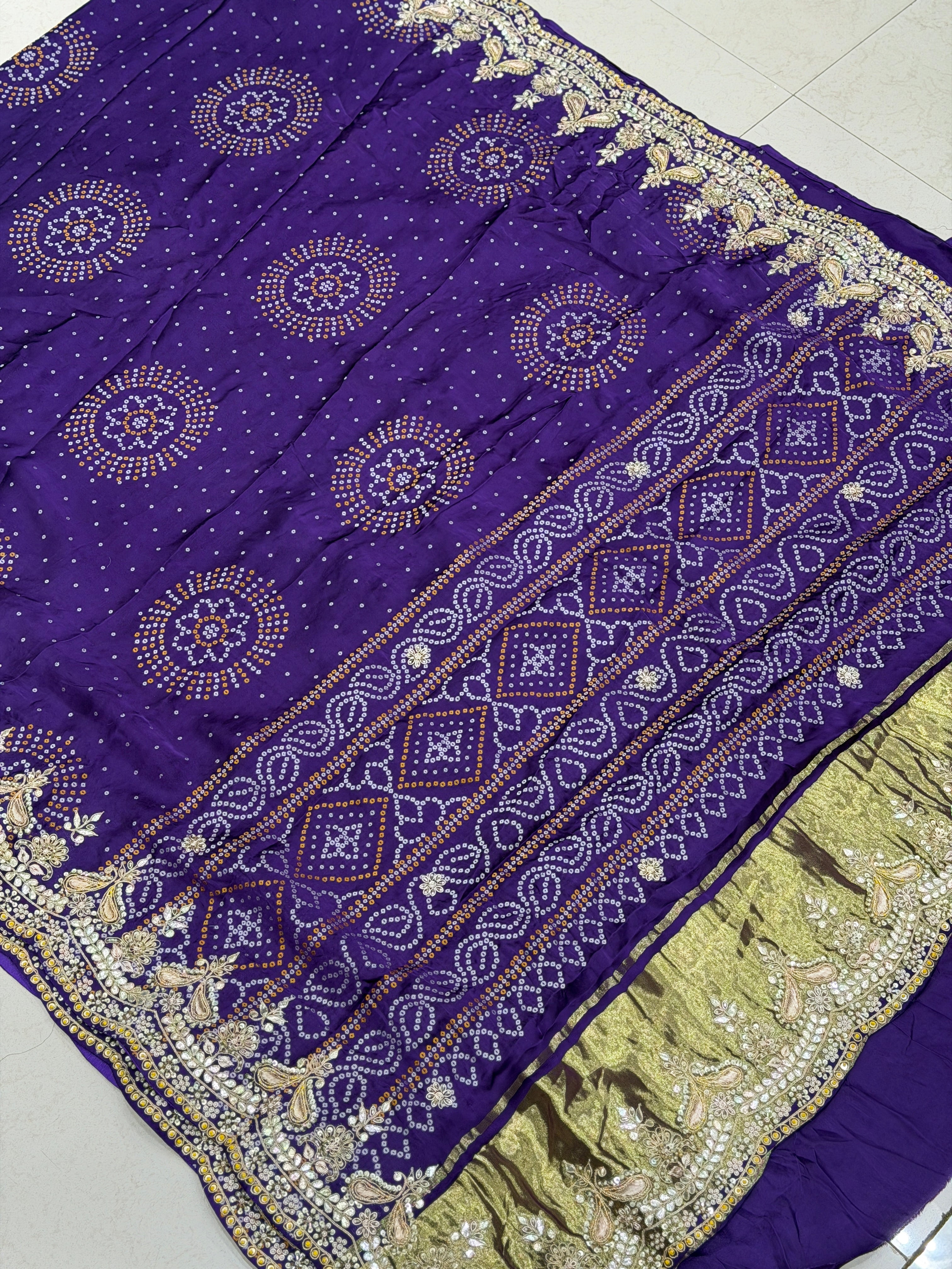 Violet Gajji Silk Woven Bandhej Zardosi Marodi Hand Embroidery Saree