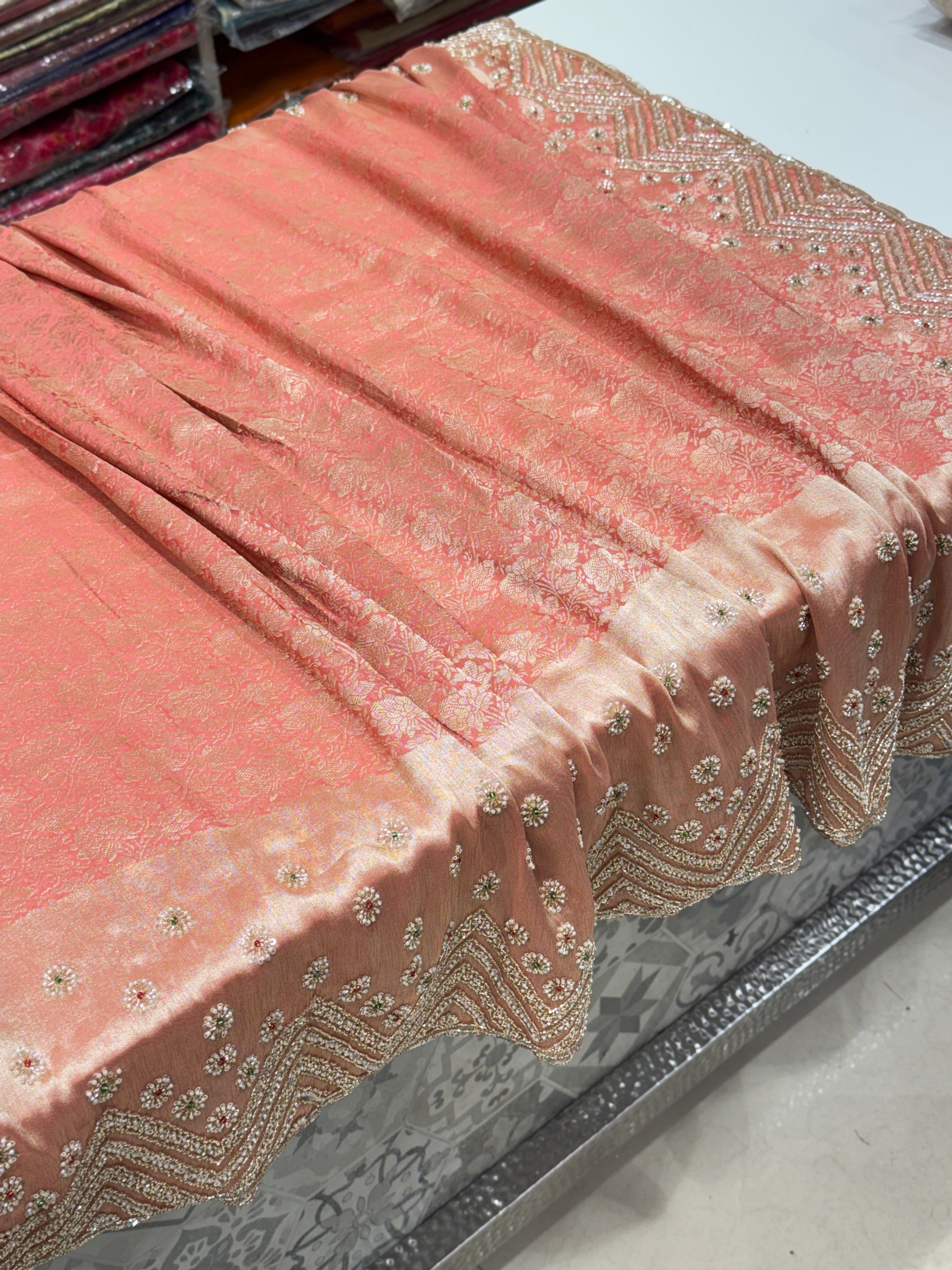 Pink Floral Weave Soft Silk Moti Crystal Embroidery Saree