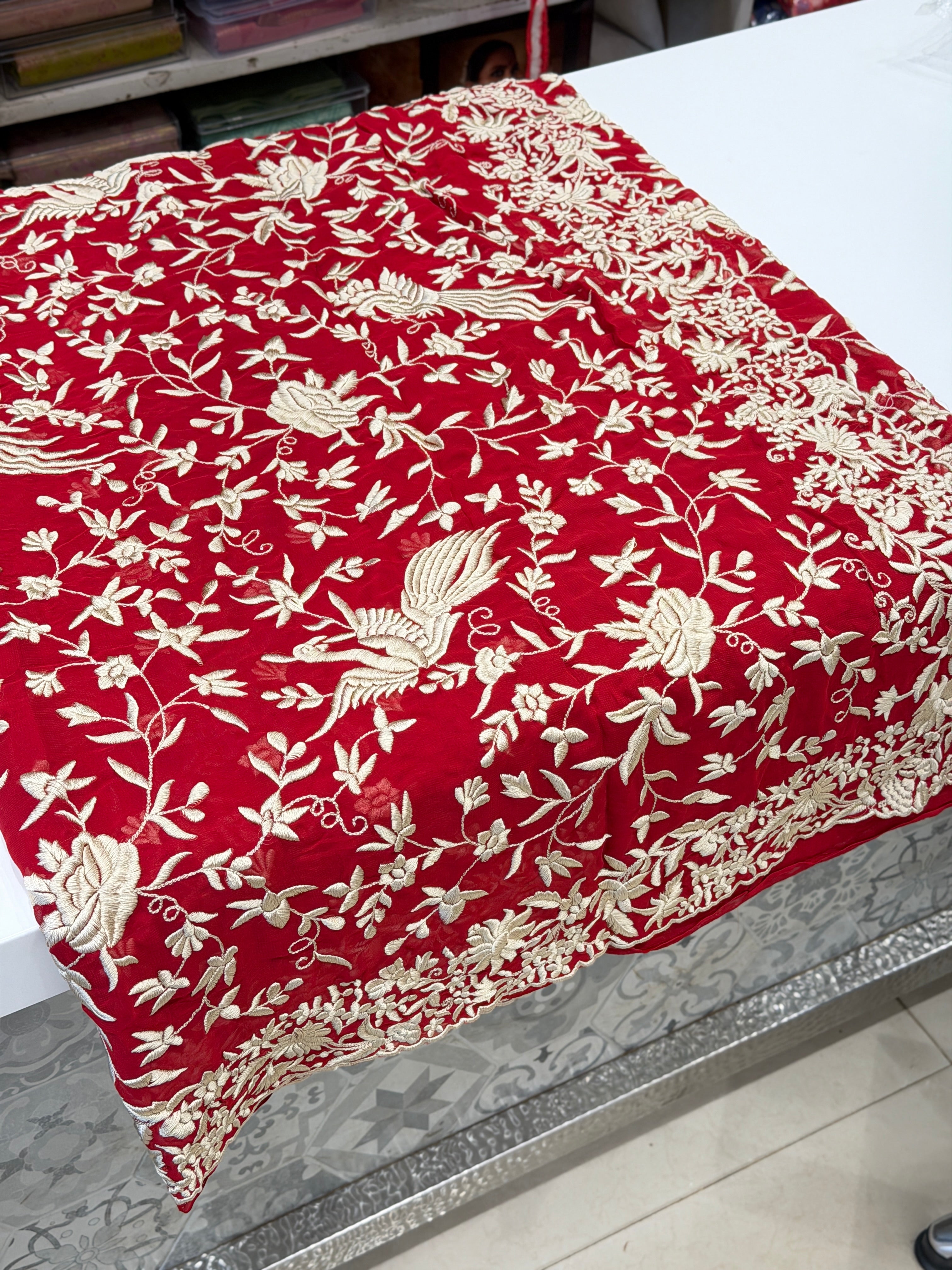 Red Georgette Floral Jaal Flamingo Resham Embroidery Saree