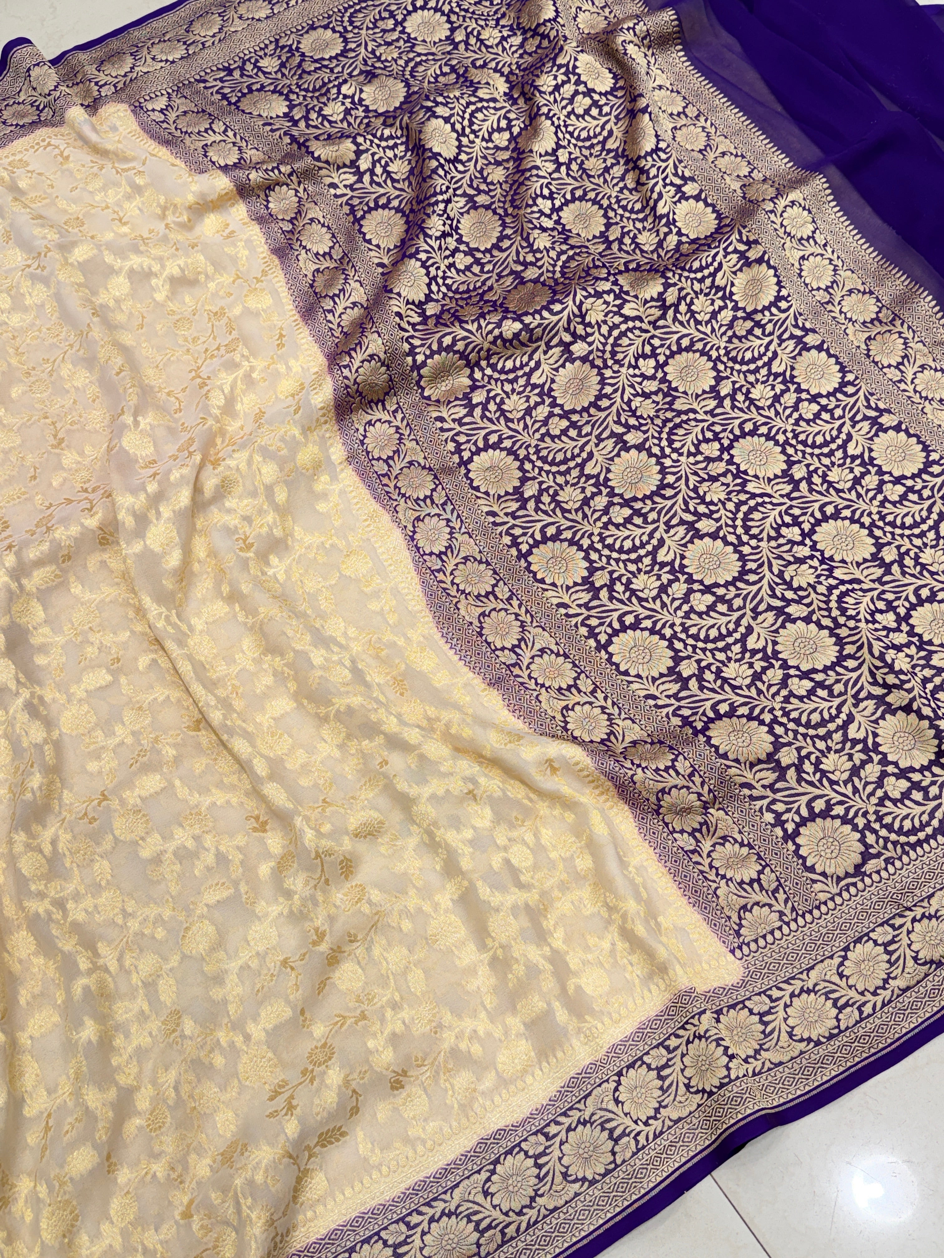 Beige Violet Mughal Jaal Handloom Banarasi Khaddi Georgette Saree