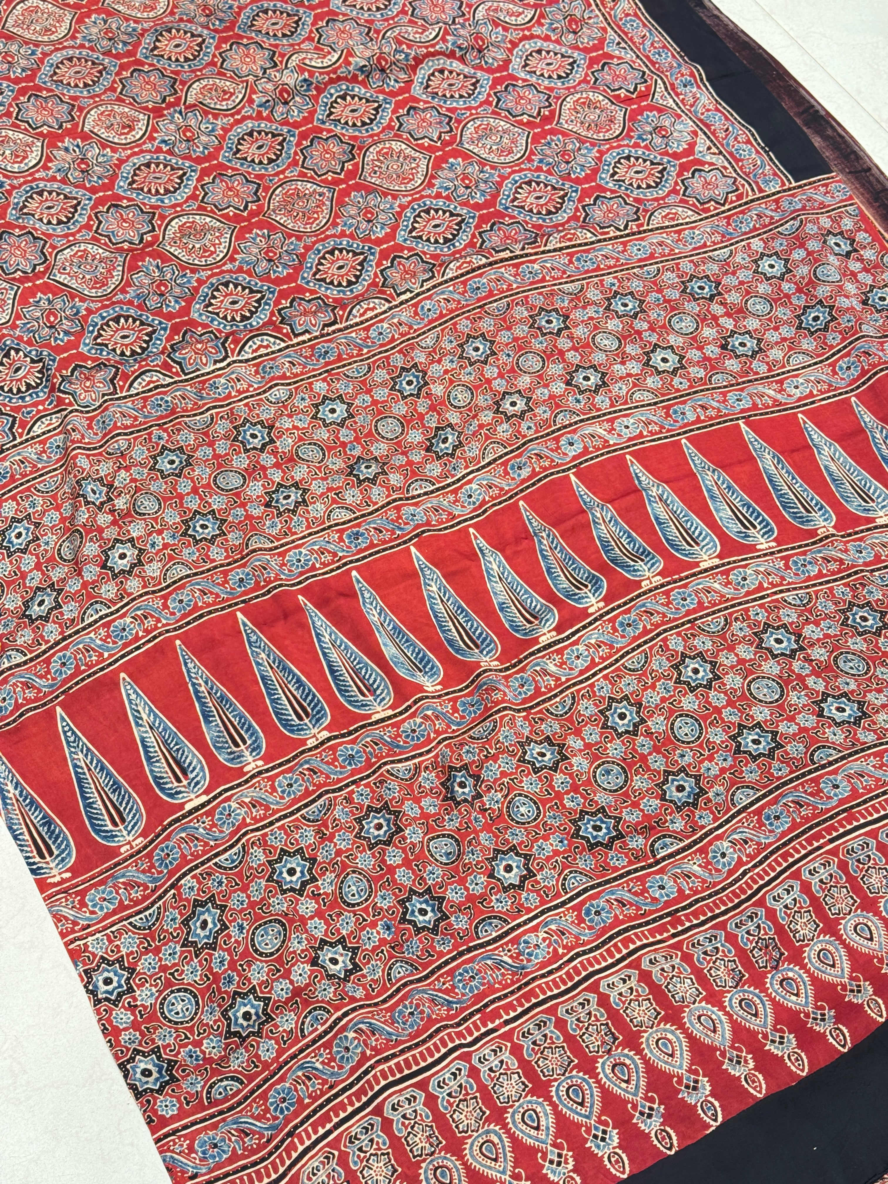 Red Jewelled Badam Butti Ajrakh Gajji Hand Block Print Saree