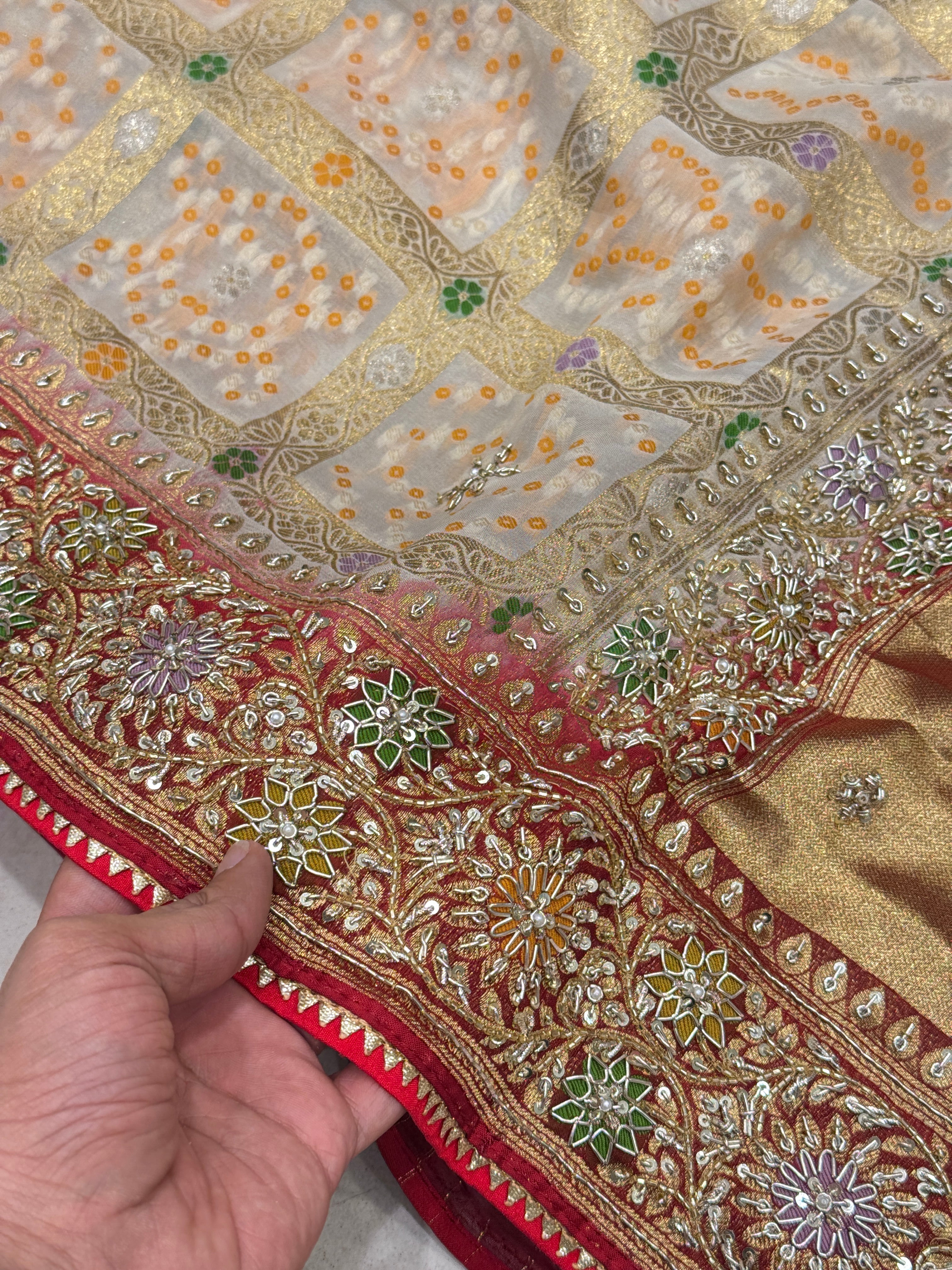 Beige Red Meenakari Gharchola Zardosi Embroidery Saree