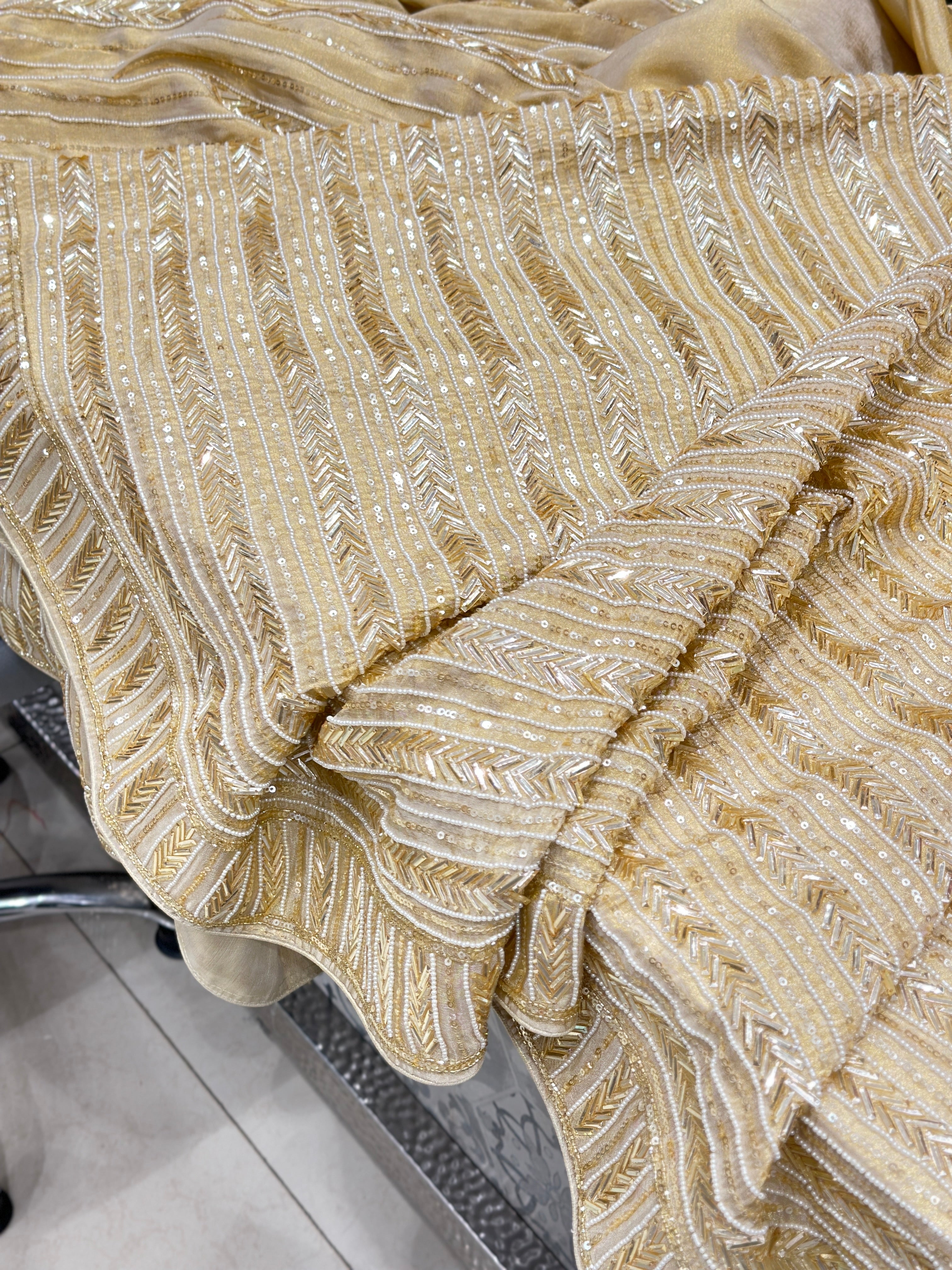 Golden Suhana Khan Inspired Crepe Tissue Hand Embroidery Sequin Saree