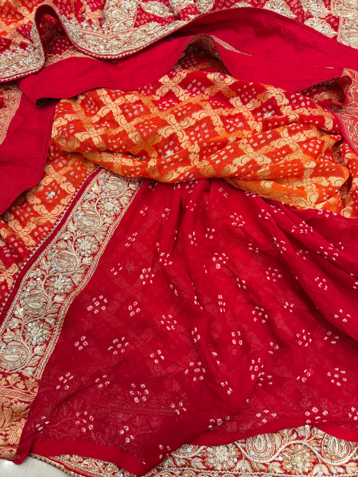 Red Orange Shaded Bandhej Georgette Saree Zardosi Hand Embroidery Saree