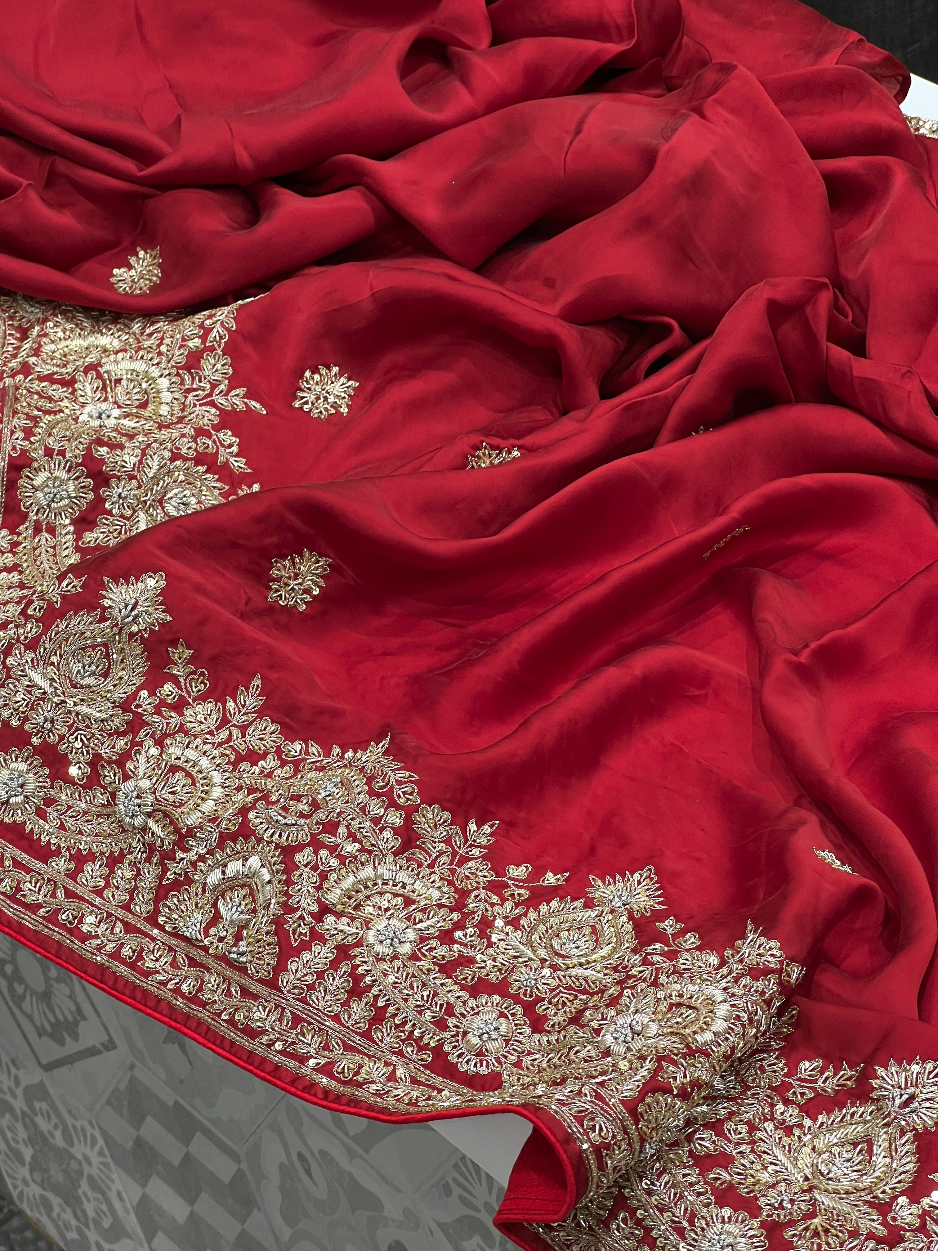 Red Satin Zardosi Hand Embroidery Saree