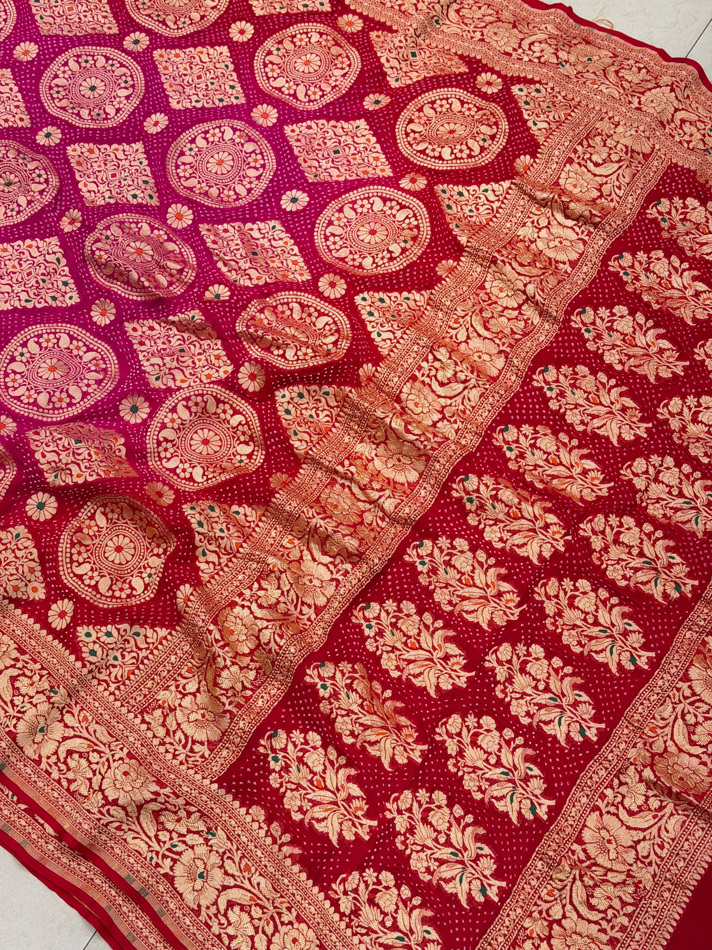 Shaded Rani Red Meenakari Pure Handloom Rai Bandhej Saree