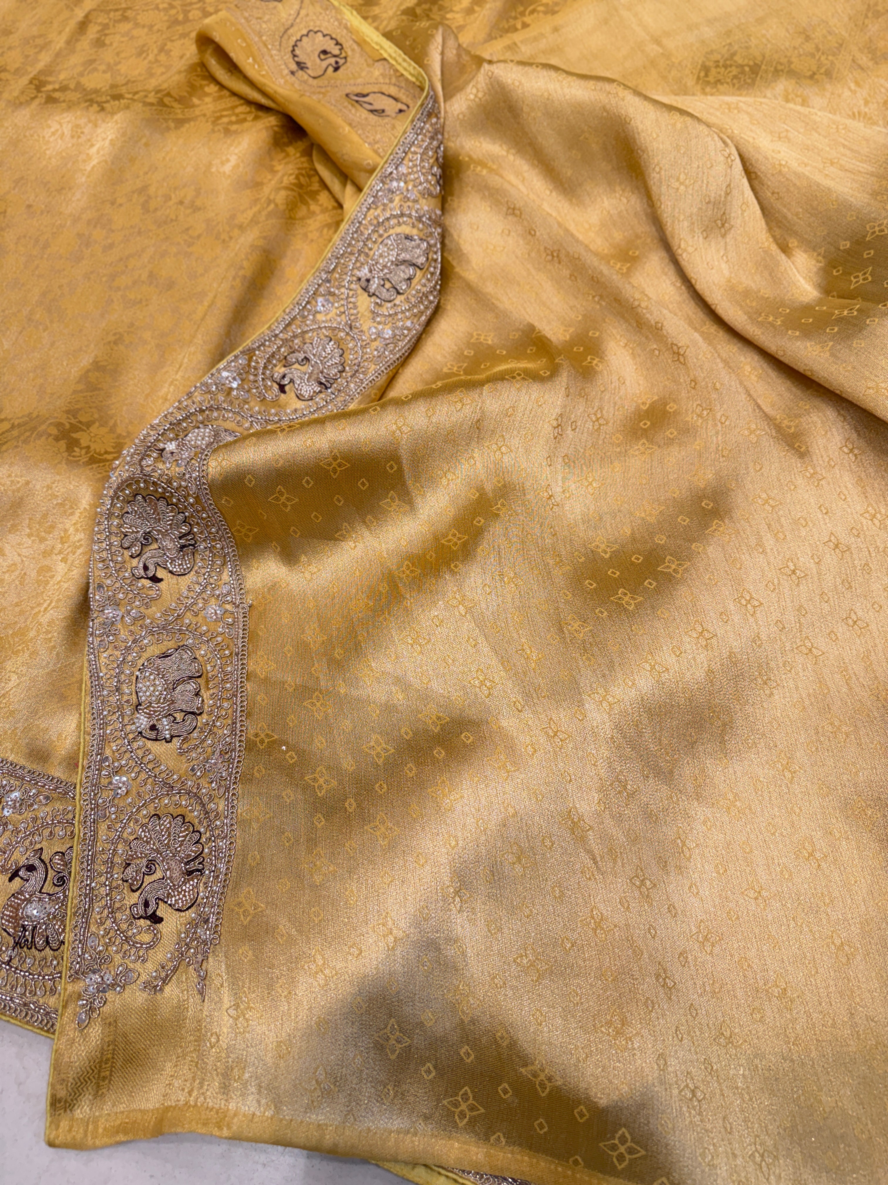 Yellow Banarasi Crepe Tissue Elephant Motif Embroidery Saree