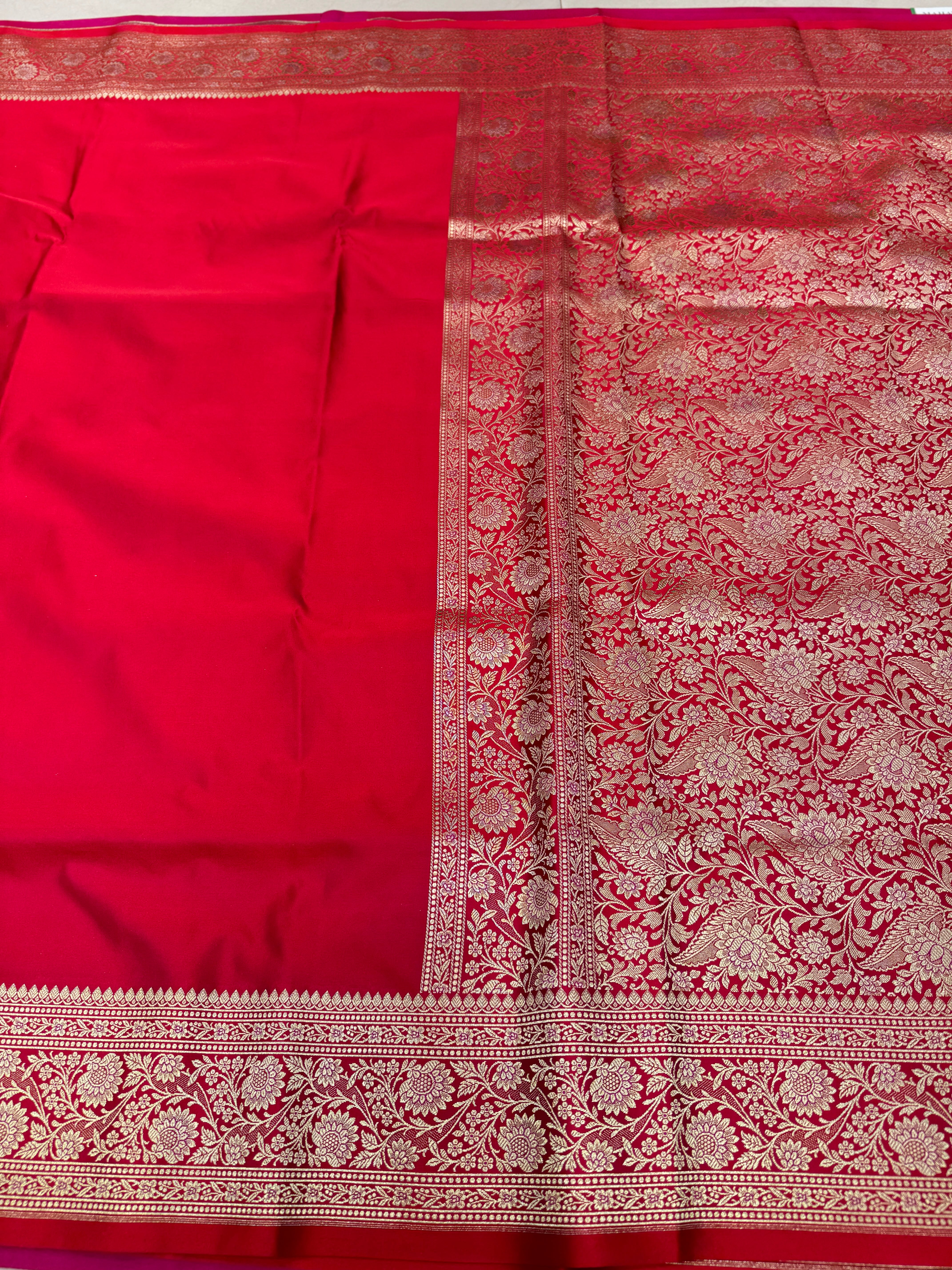 Red Banarasi Silk Plain Upside Down Border Saree